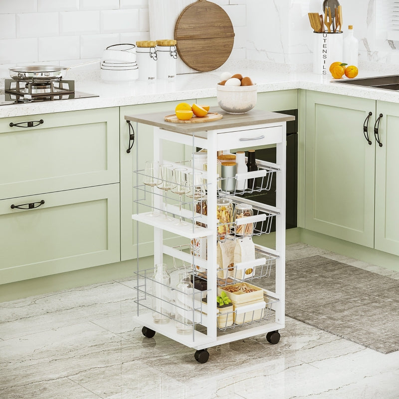 Rolling Kitchen Cart with 4 Basket Drawers & Side Racks, Natural and White