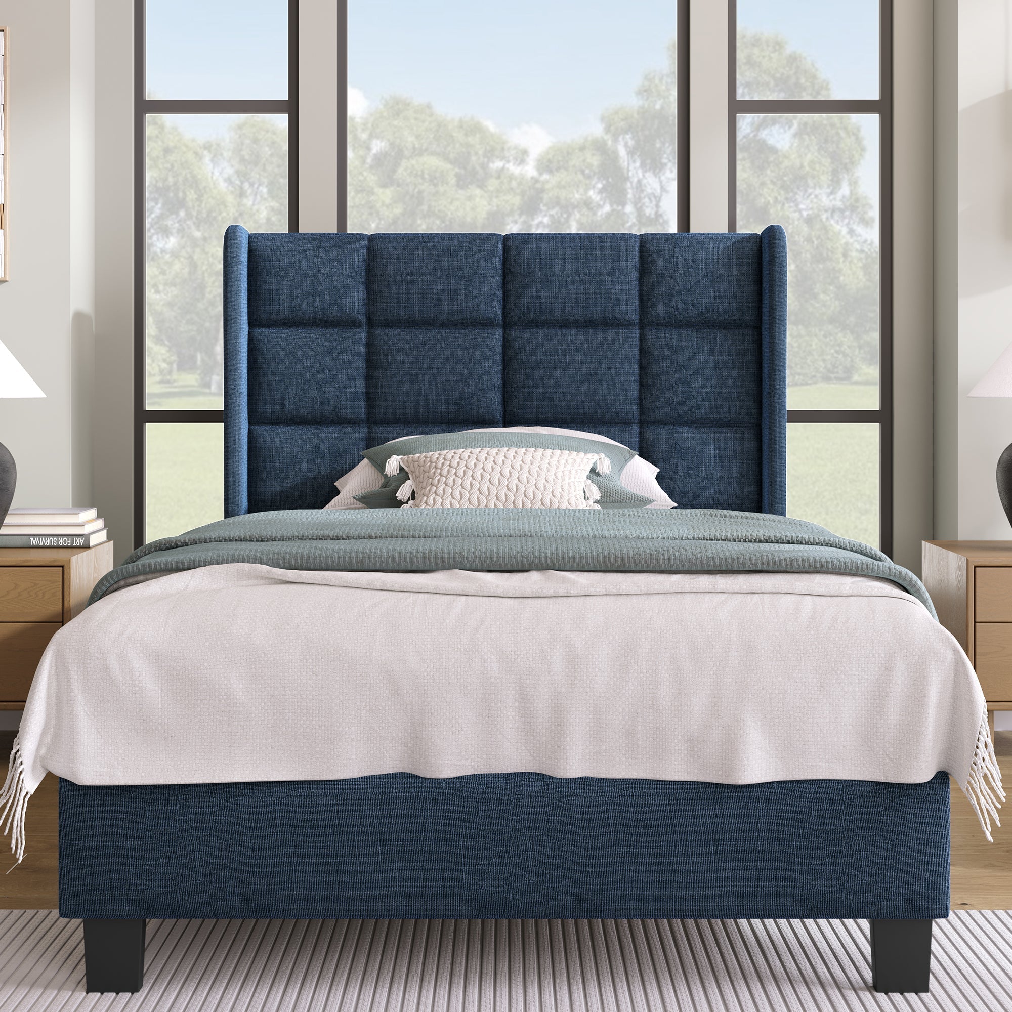 Modern design upholstered bed, single with slatted frame 90x200cm, blue linen