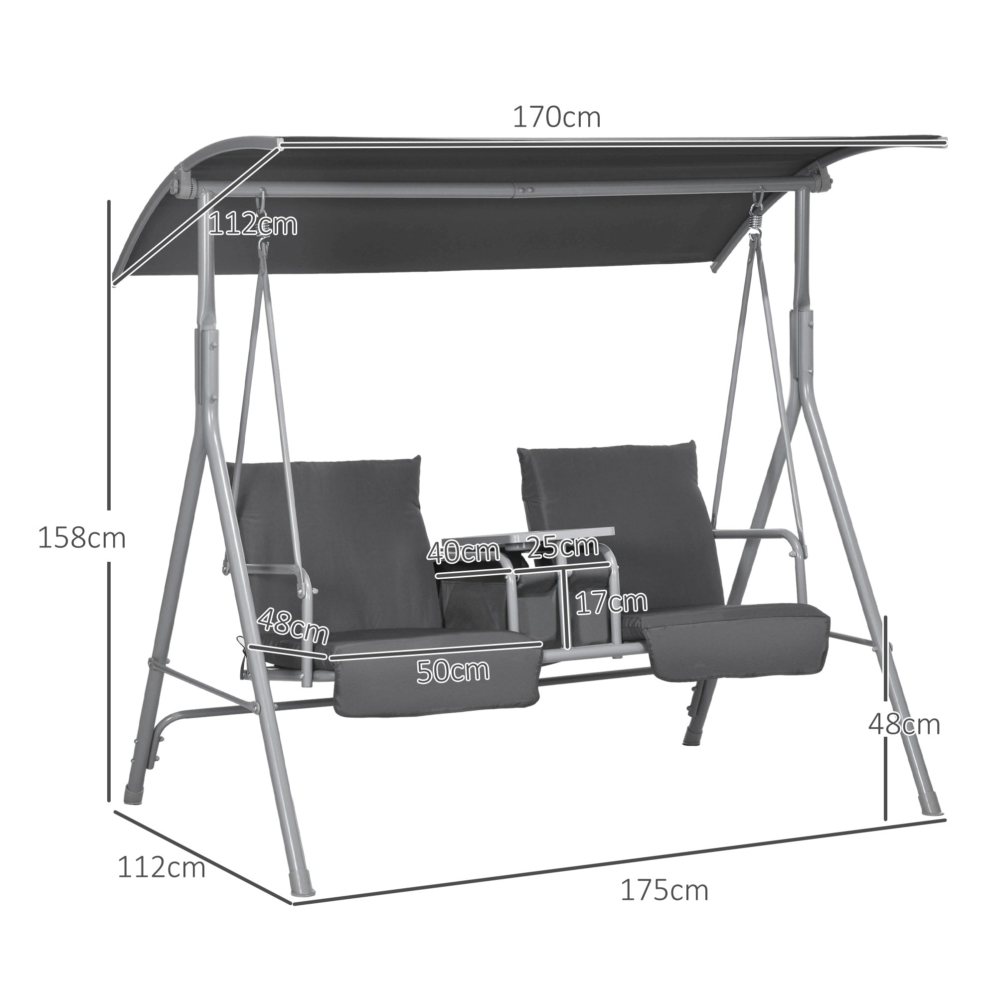 Hollywood Swing 2-Seater Bench with Canopy, Tray, 180 kg Load, Black