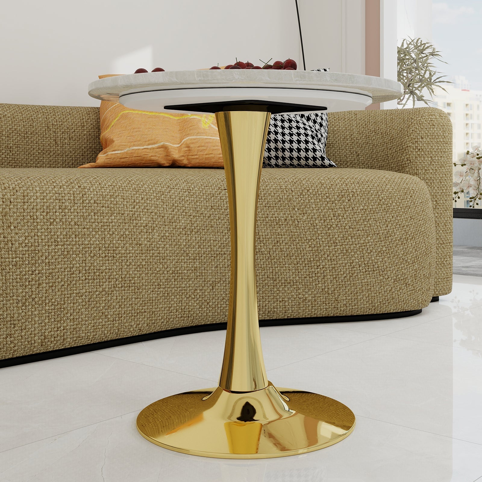 Coffee/Dining Table Round Marble Mid-Century Modern 27.6-inch - Golden Finish