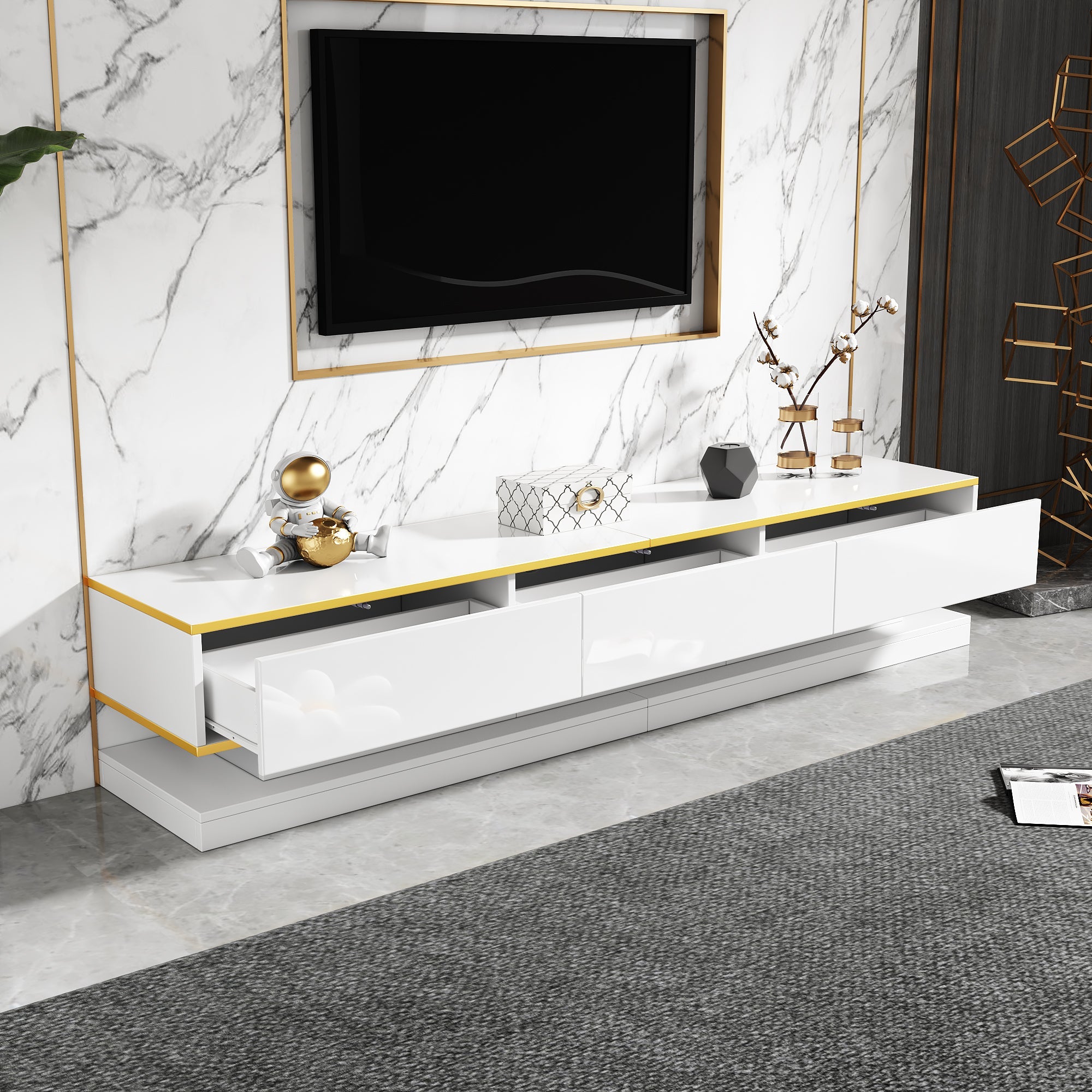TV Cabinet, 200x40x40cm Lowboard with 3 Drawers, High-Gloss, Warm White with Gold Edge