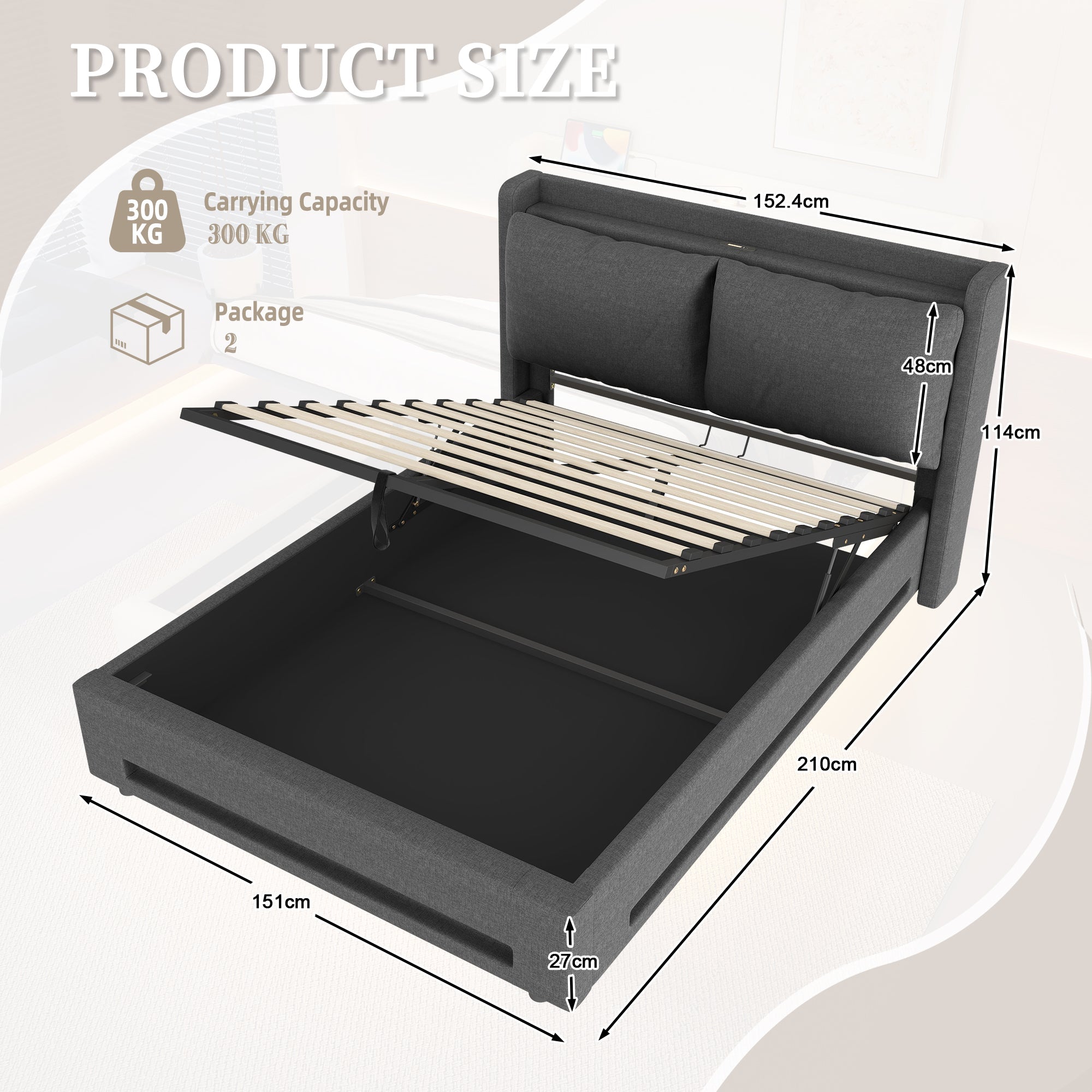 Modern Upholstered Bed with Storage, USB-C, LED Lights, Hydraulic Lift, Velvet