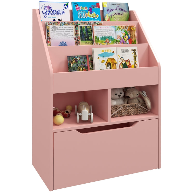 Kids Bookshelf Toy Organiser Storage Drawer Wheels - Pink