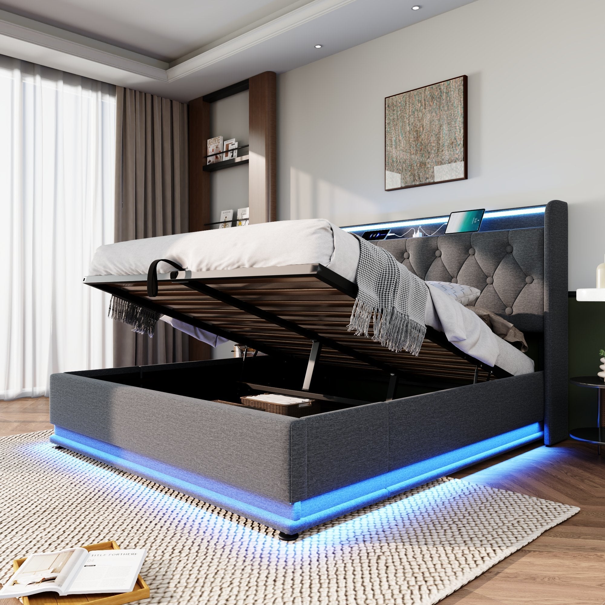 Upholstered Bed, Double, 360-Surround LED, Hydraulic Storage, USB Type-C Charging, 140x200 cm, Gray Linen