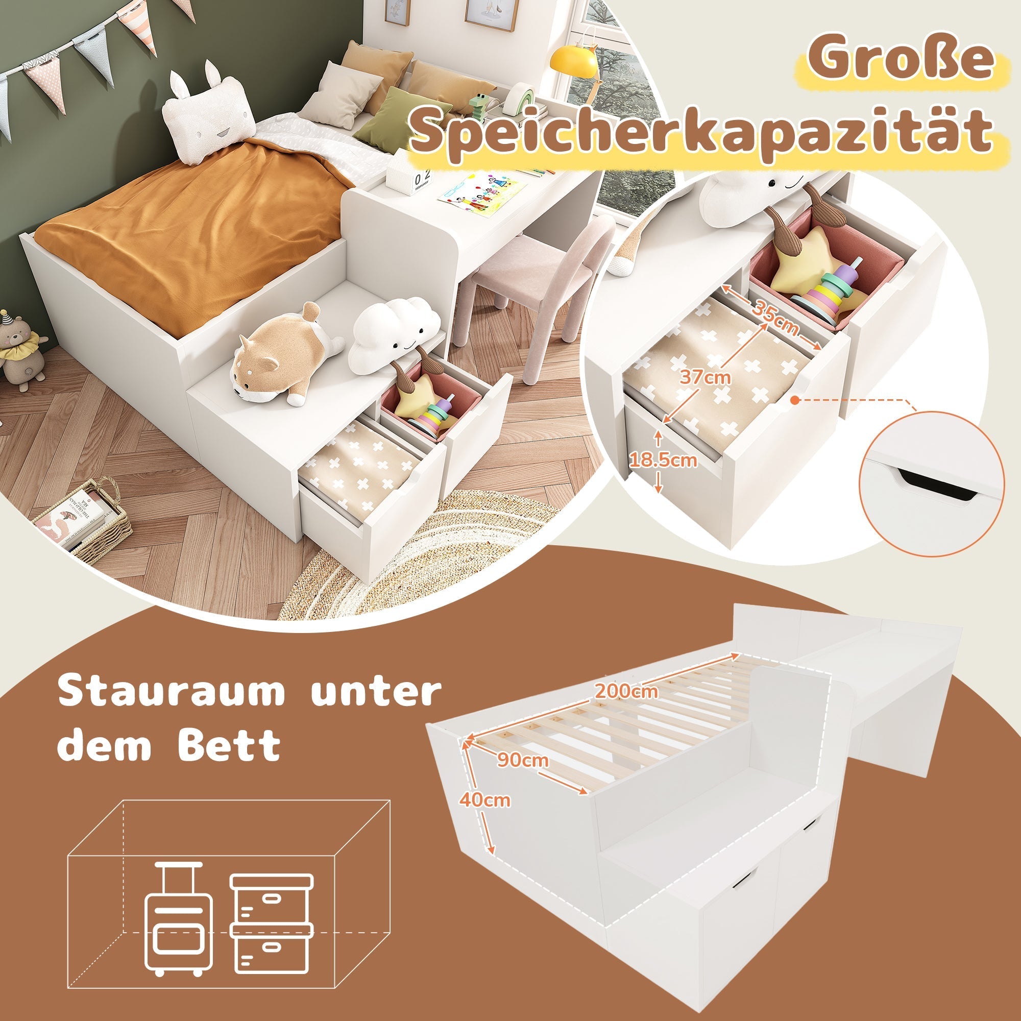 Children's Bed, Solid Wood Single with Desk & Drawers, White