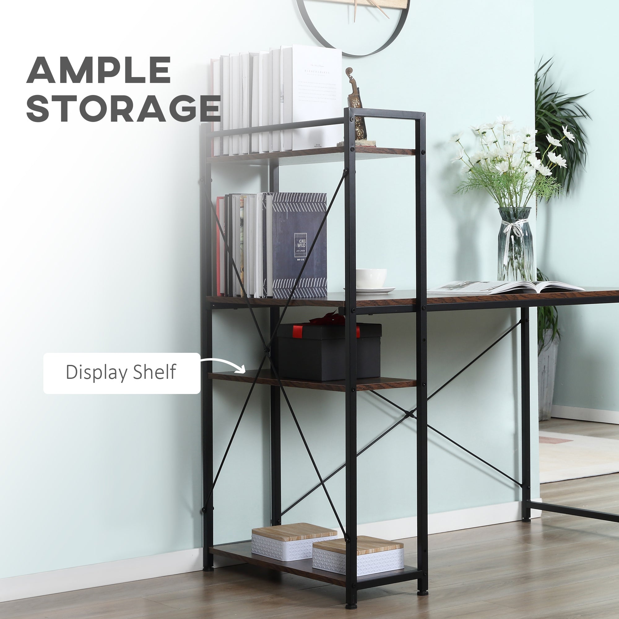 Study Desk Computer Table with 4-Tier Bookshelf and Metal Frame, Rustic Brown & Black