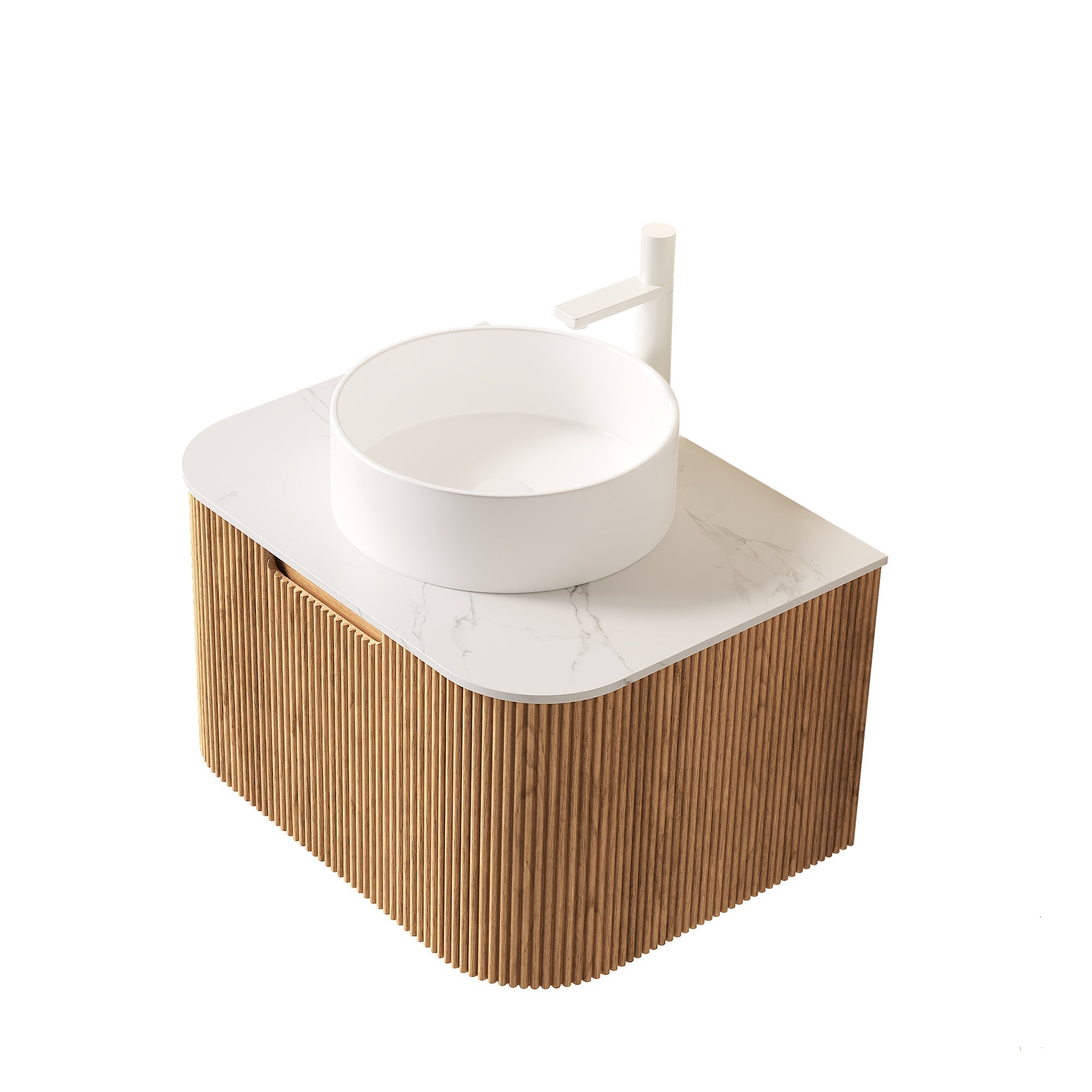 Wall-Hung Bathroom Vanity 61cm Ceramic Sink Carrara Countertop Drawer - Natural Wood Grain