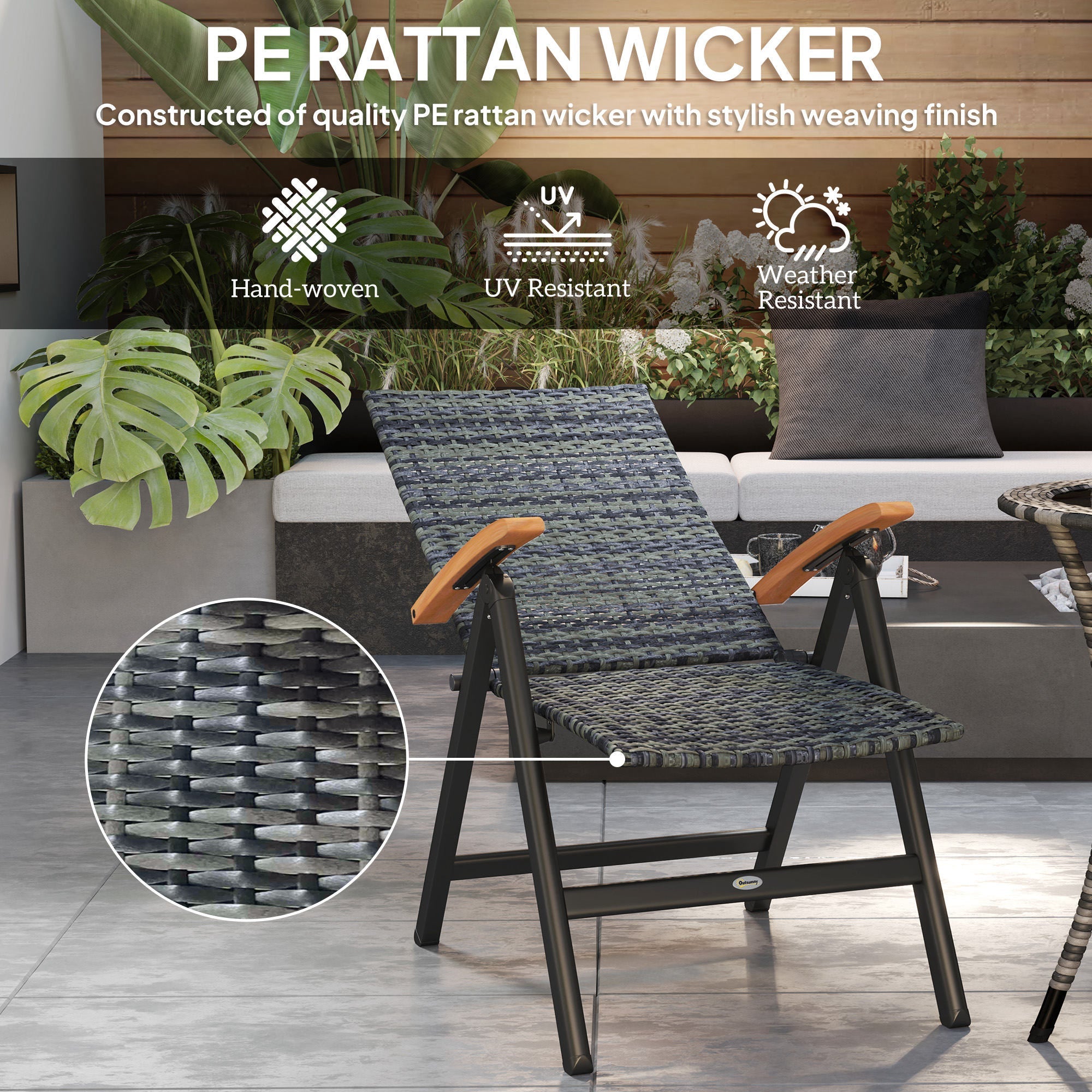 Folding Rattan Garden Dining Chairs Reclining High Back Wood Armrests Mixed-grey