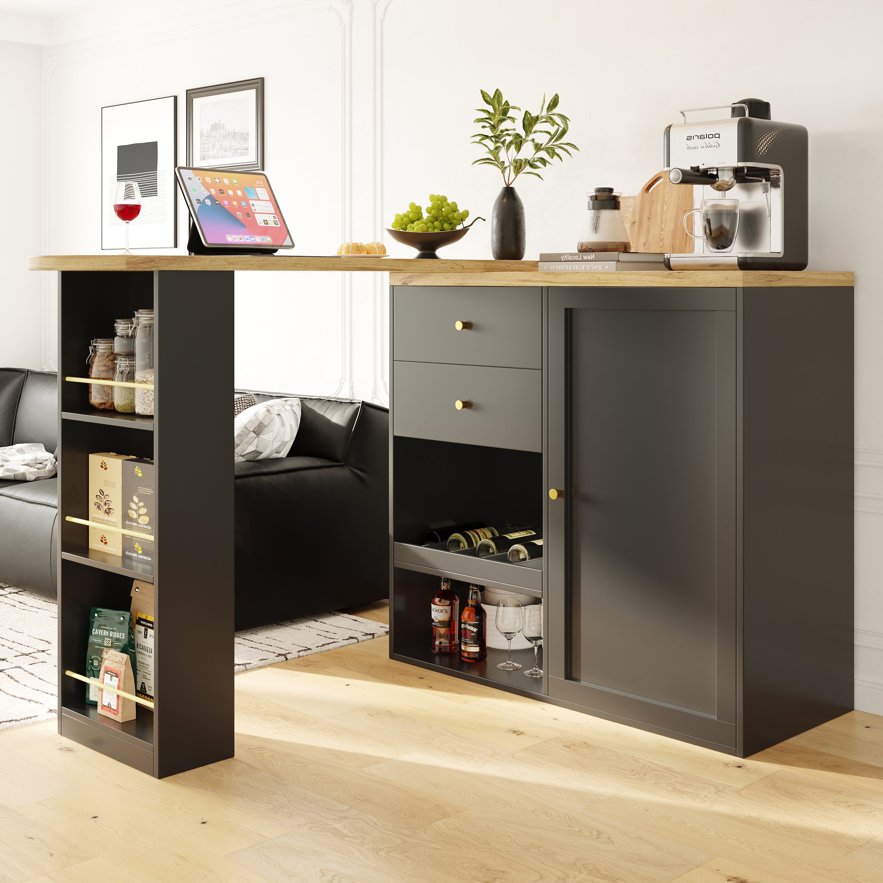 360° Swivelling Bar Table with 2 Drawers, Sliding Door Cabinet & 3 Levels of Open Storage, MDF