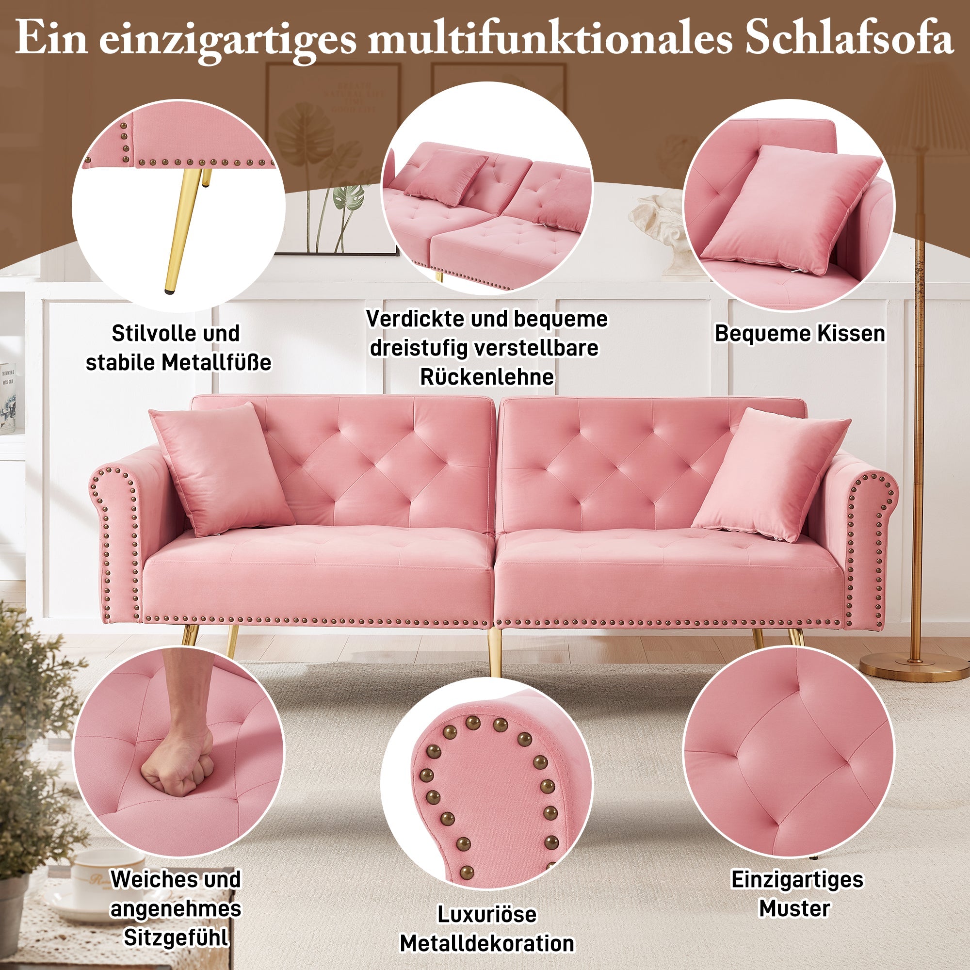 Sofa Bed, 2-Seater with 3-Level Adjustable Backrest & Gold-Plated Metal Feet, Velvet