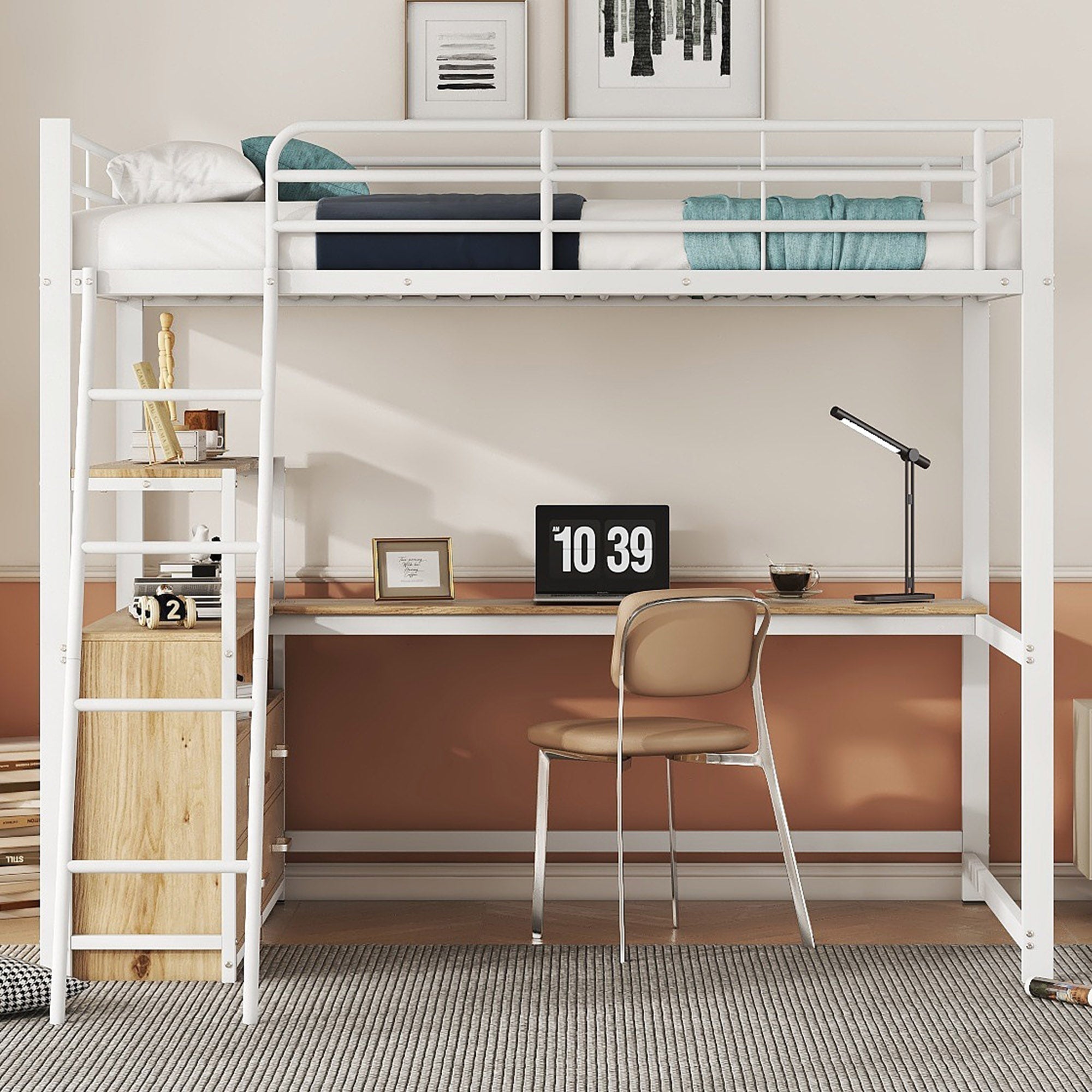 Loft Bed with L-Shaped Desk and Storage Drawers, White Metal Frame