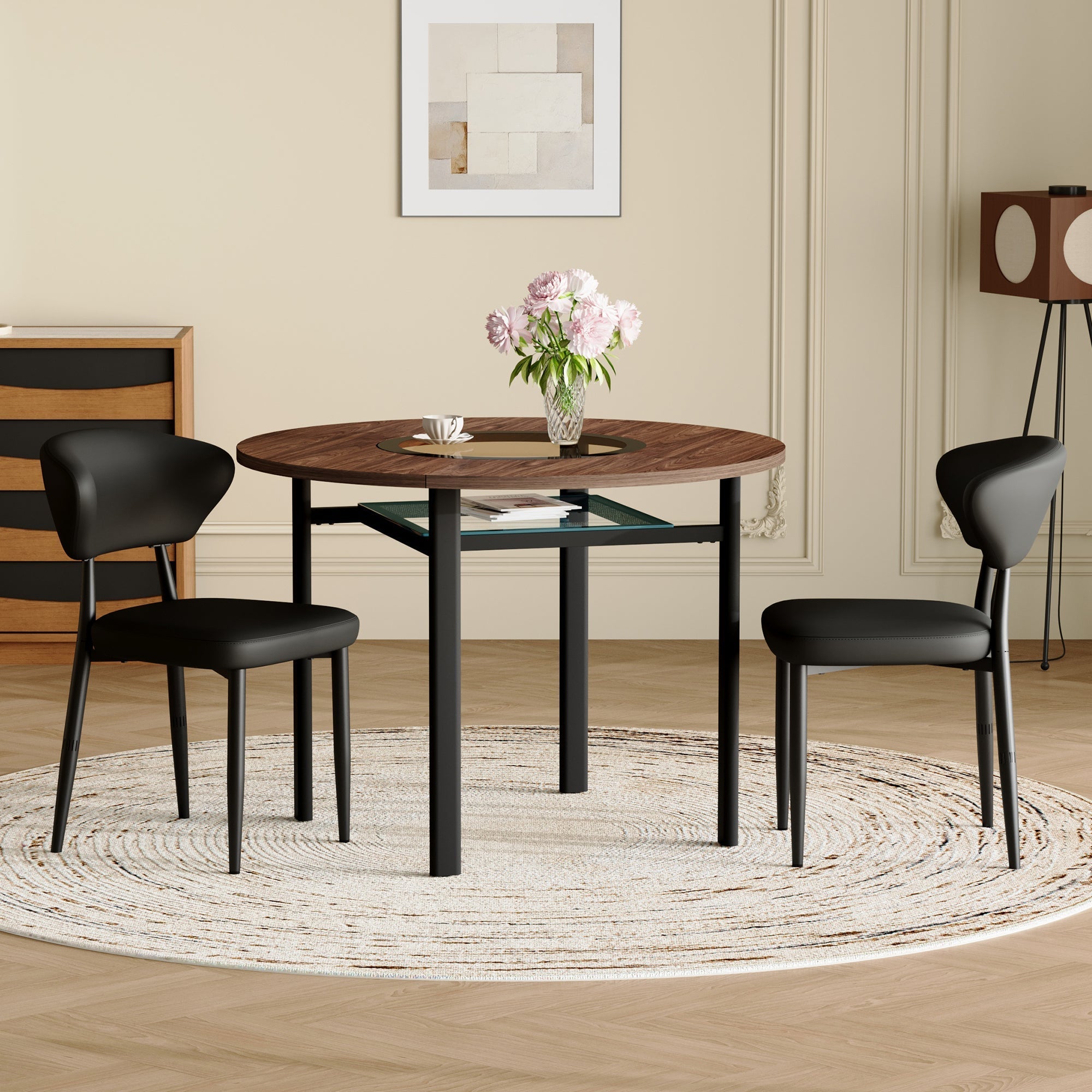 Round Table Set Modern Minimalist 100cm with 2 PU Armchairs - Wood Look/Black