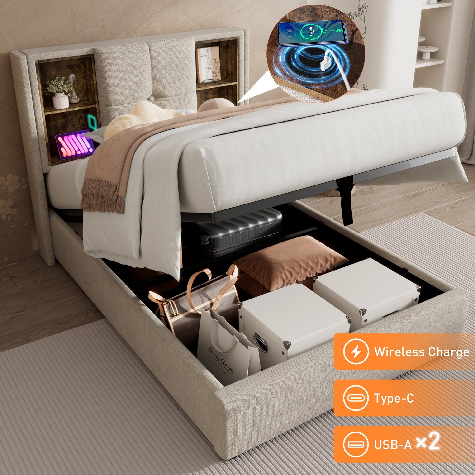 Single Bed, Wireless Charging USB C, Upholstered with Storage, 90x200cm Wood-Natural Linen