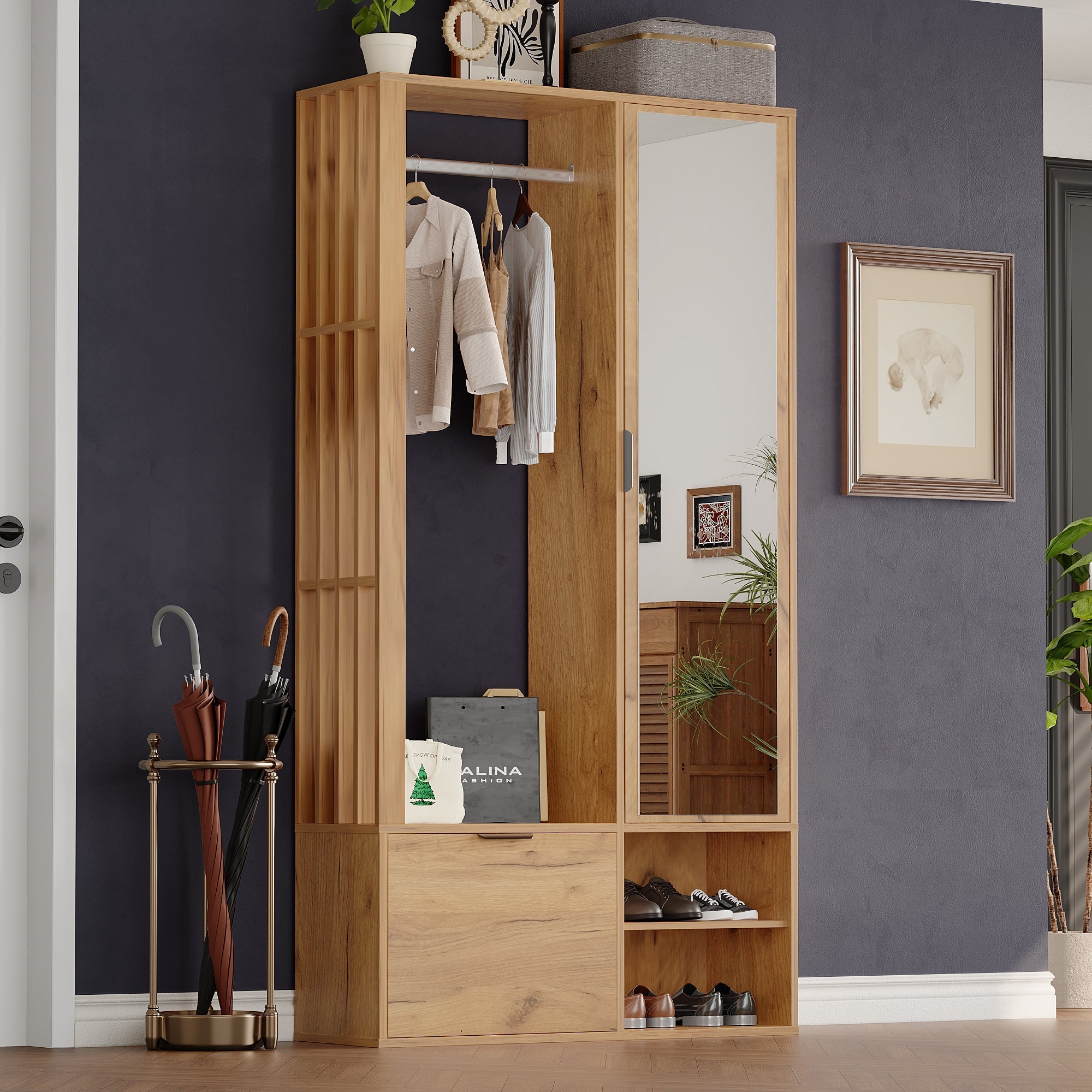 Wardrobe with Hallway, 6-in-1 Entryway 100x33x190cm Clothes Rack Mirror, Wood Color