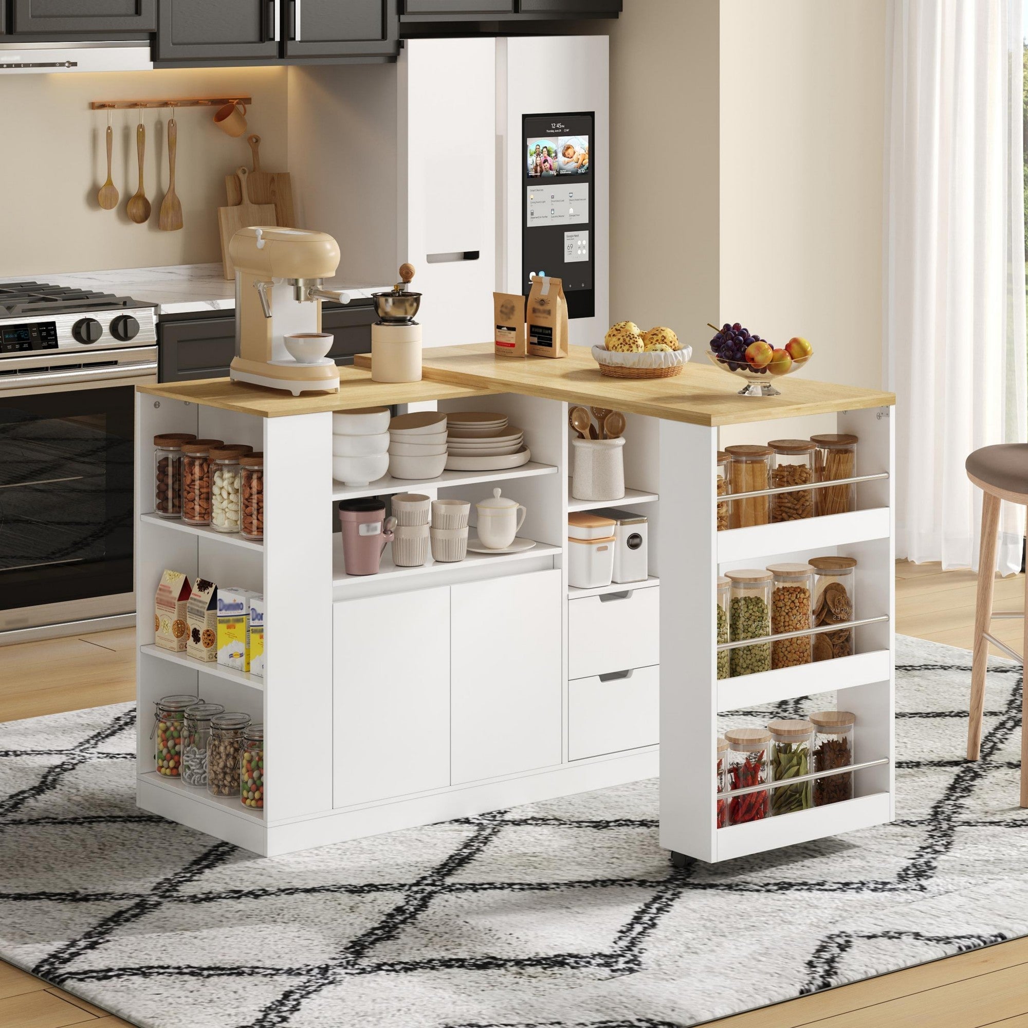 Kitchen Island with Extendable Worktop and Storage Shelves, Wood Look