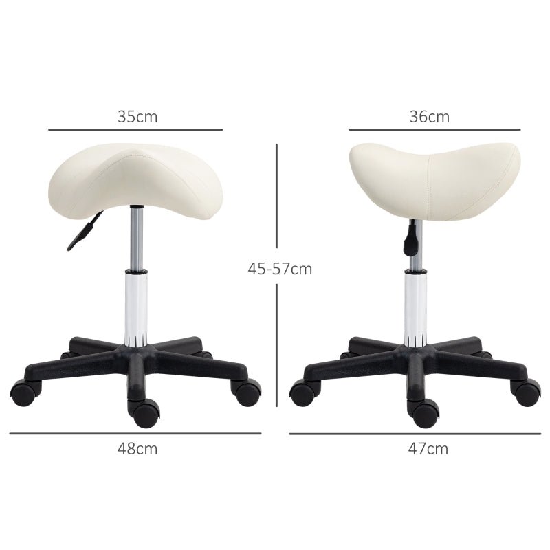 Saddle Stool Adjustable Rolling Salon Chair Steel Frame, PU Leather White