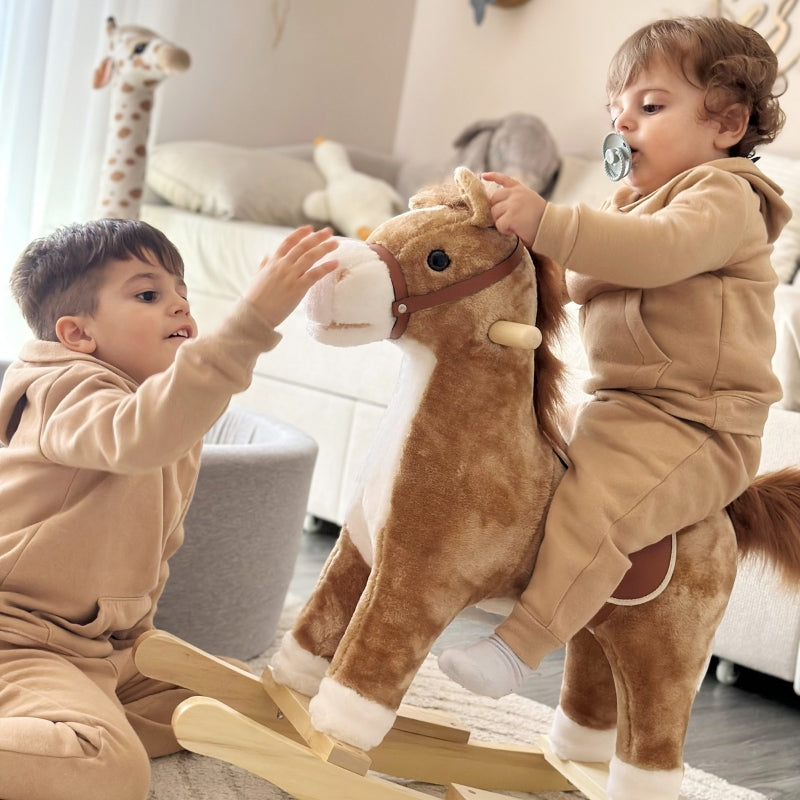 Children's Rocking Horse with Animal Sounds and Handles for 36-72 Months, Brown Plush