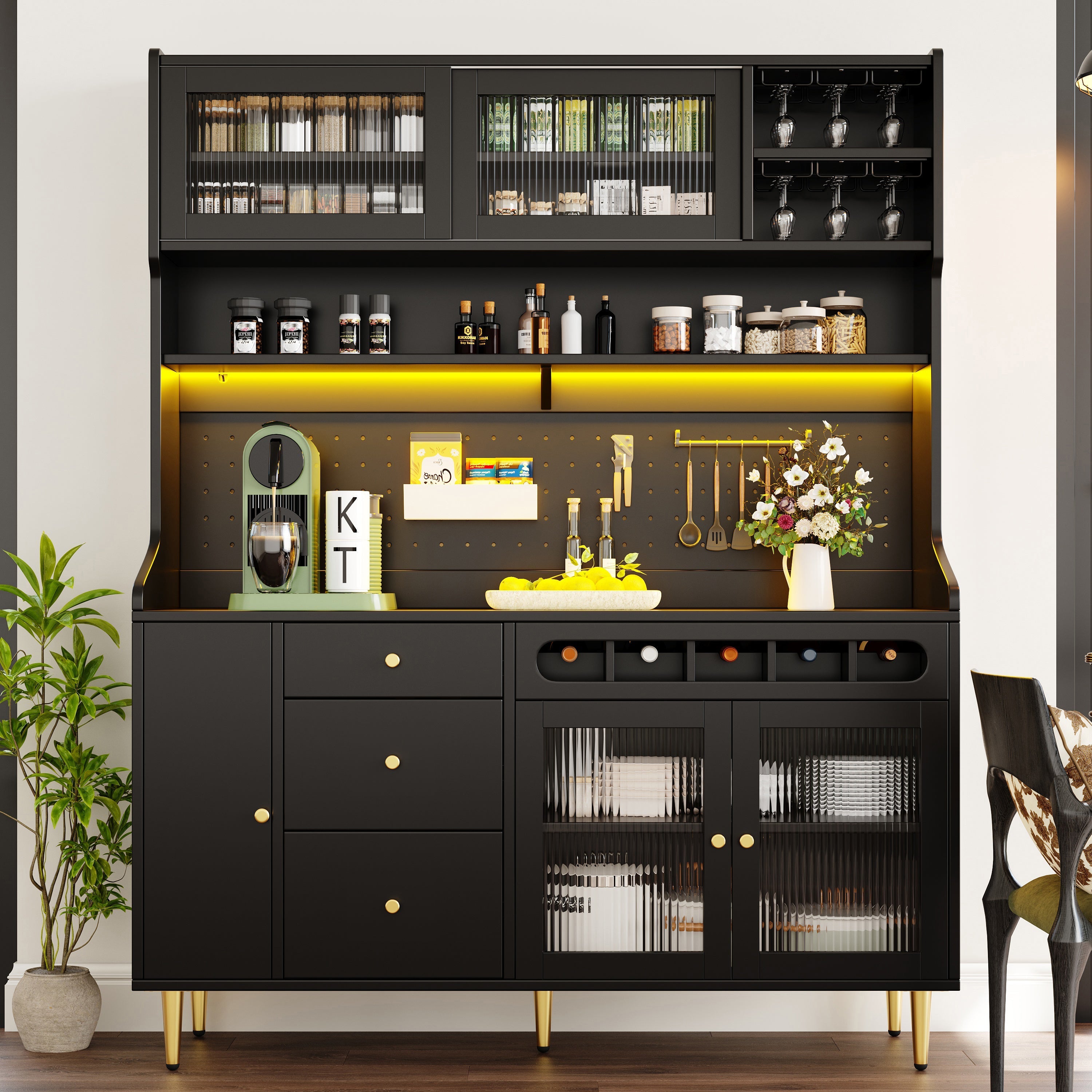 Tall Cabinet Adjustable Shelves LED Lighting Wine Rack Black