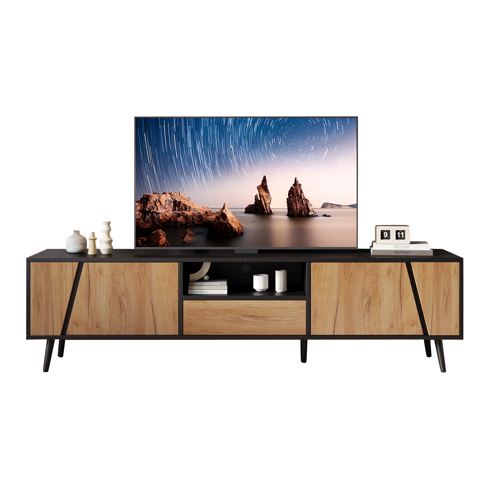 Lowboard TV Board, TV Cabinet with Drawers and 2 Cabinets, Modern Minimalist, Solid Wood