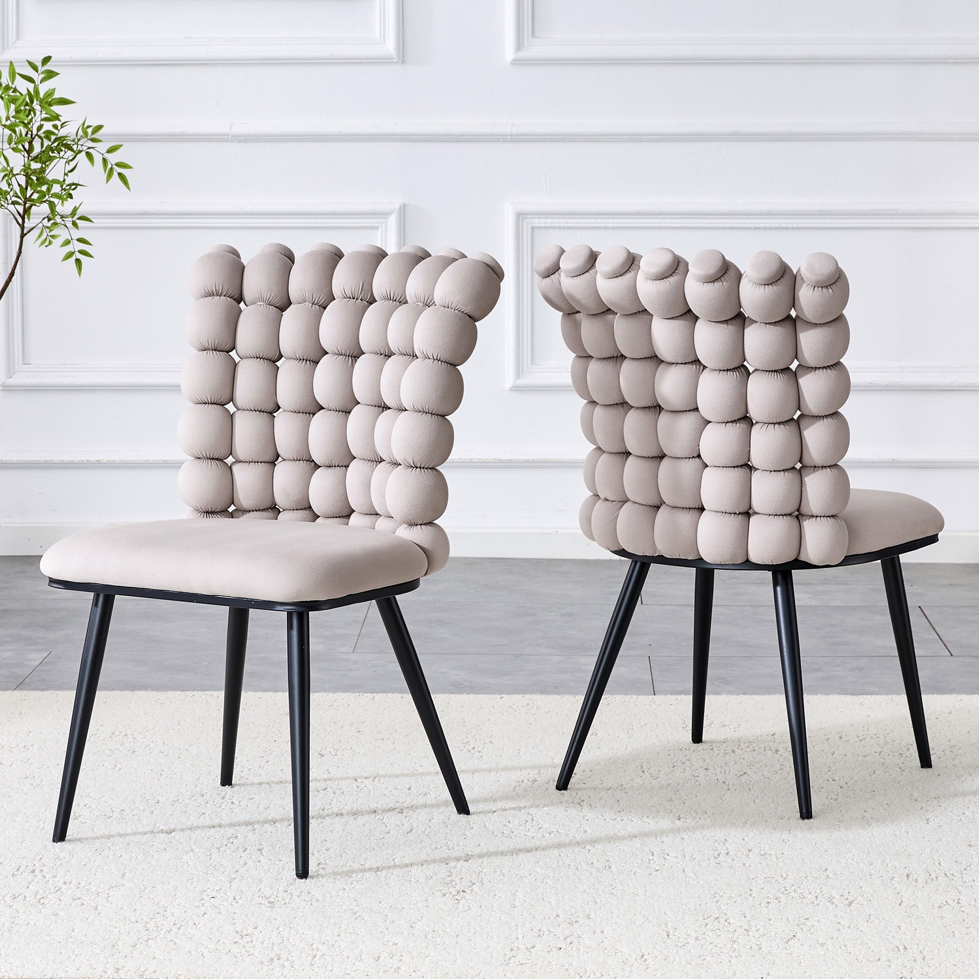 Dining Chairs Set of 2 Beaded Chain Black Metal Legs Light Grey Velvet
