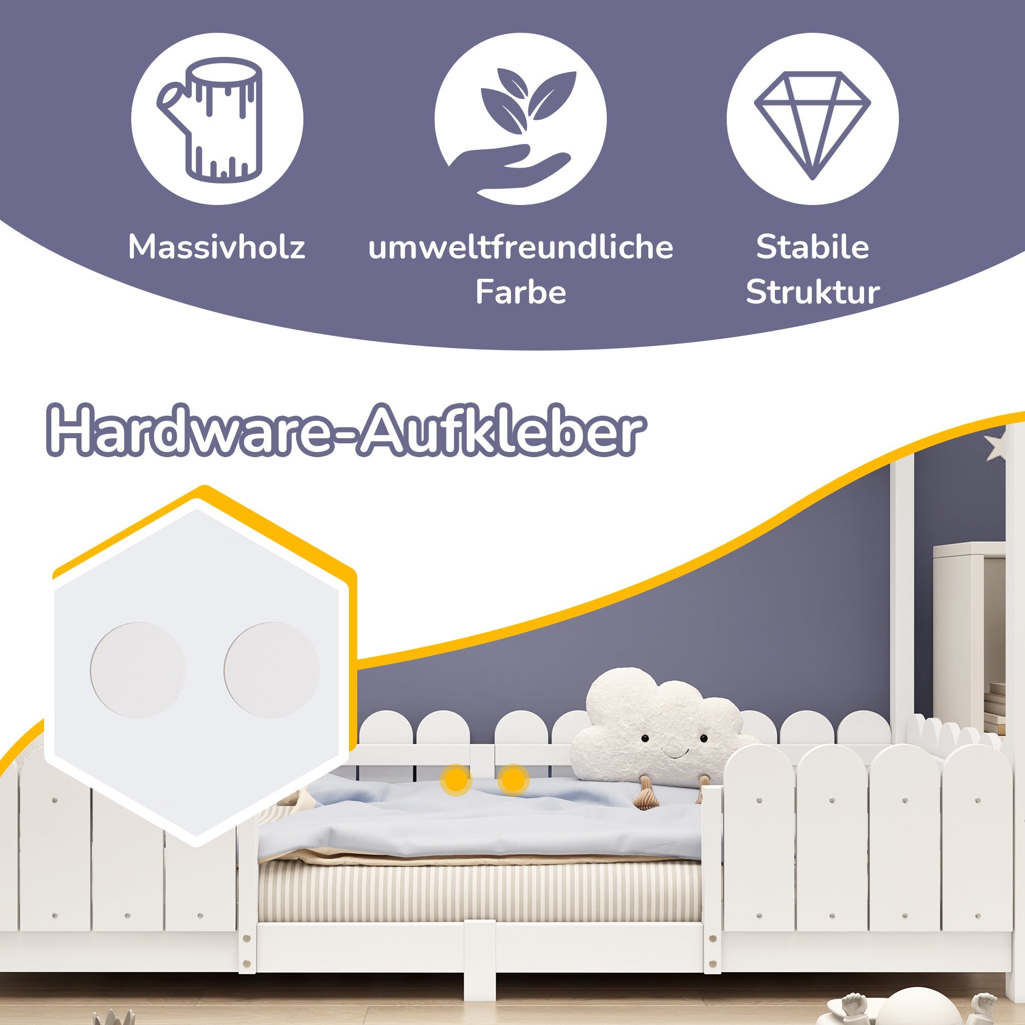 House bed 90x200 cm - versatile wooden children's bed with fall protection and slatted frame - white