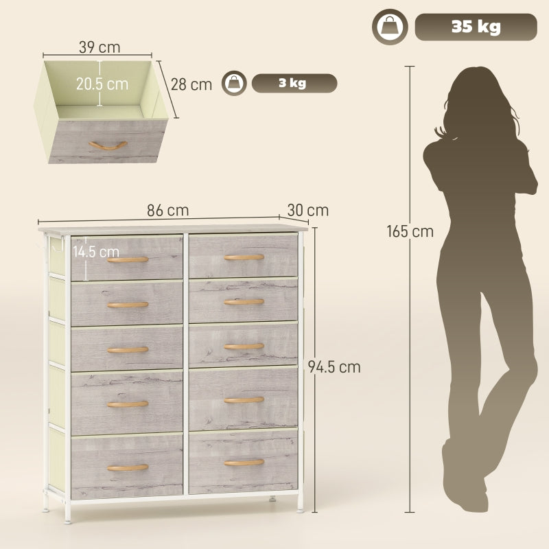 Chest of Drawers, Ten Fabric Drawers, Natural Wood Finish