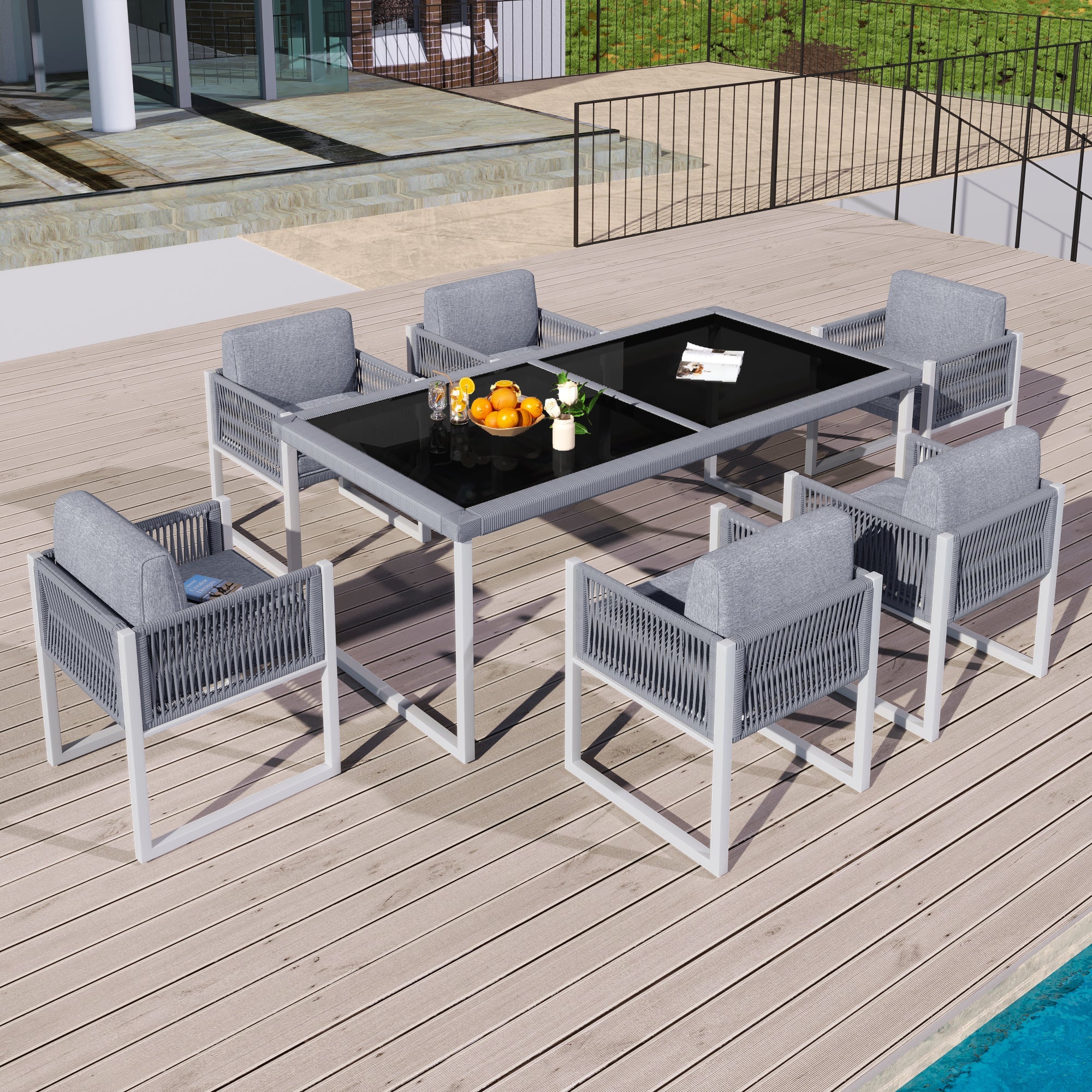 Rope Dining Set, 6-Person Garden Armchairs Removable Washable Cover, Fabric