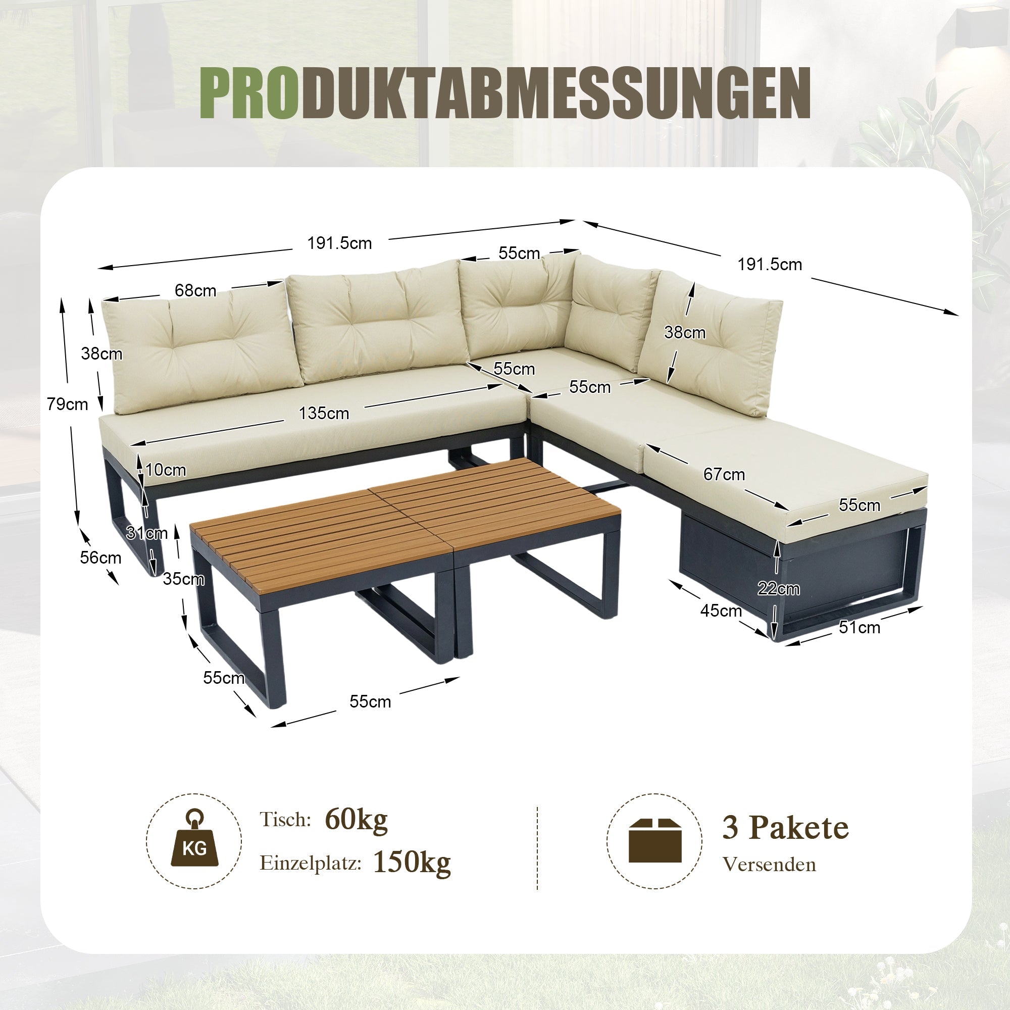 Garden Furniture Set with 3-Position Adjustable Reclining Backrest, Comfort Cushions and Storage, Beige