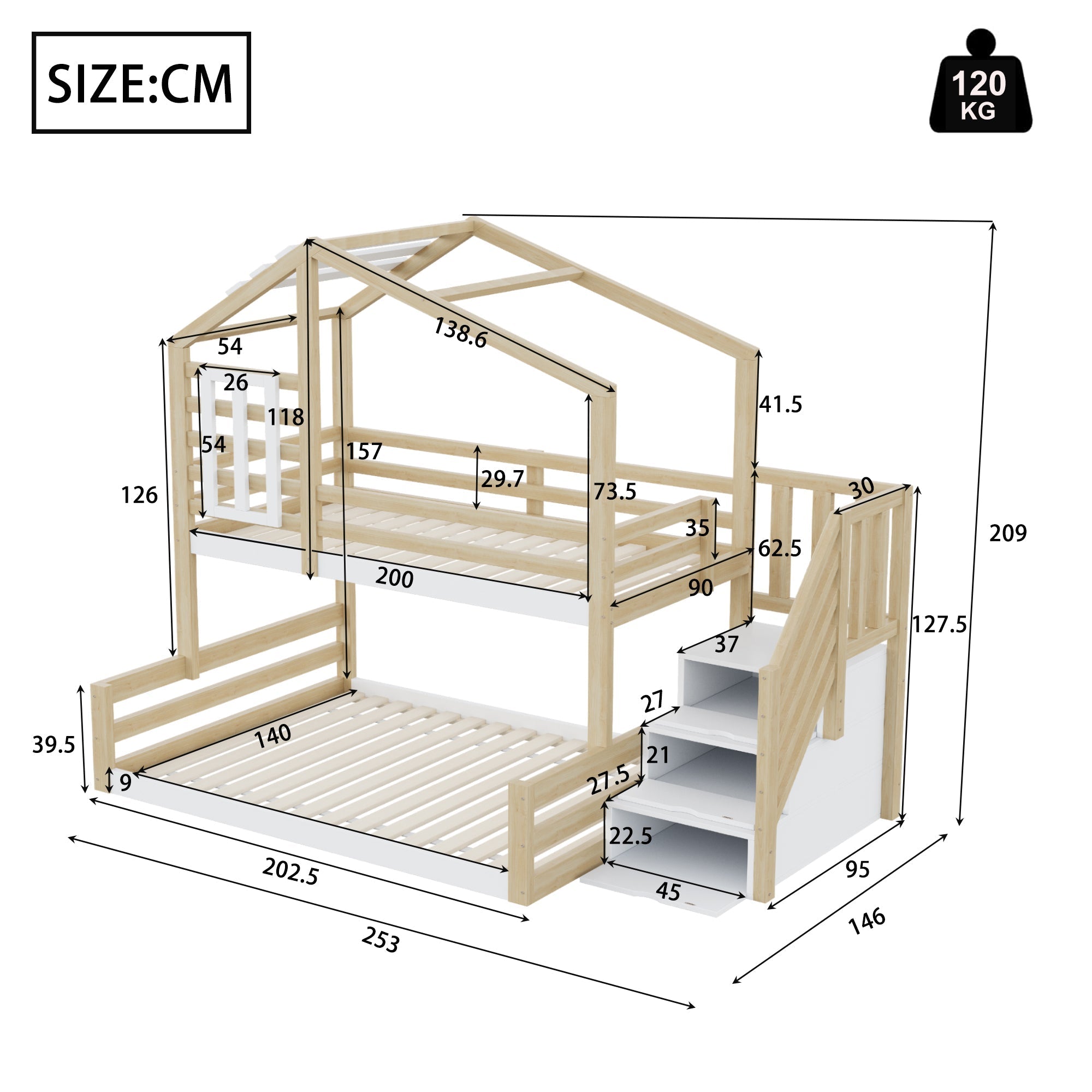 Bunk Bed 90x200cm with Window Railing Storage Steps Natural Pine Wood