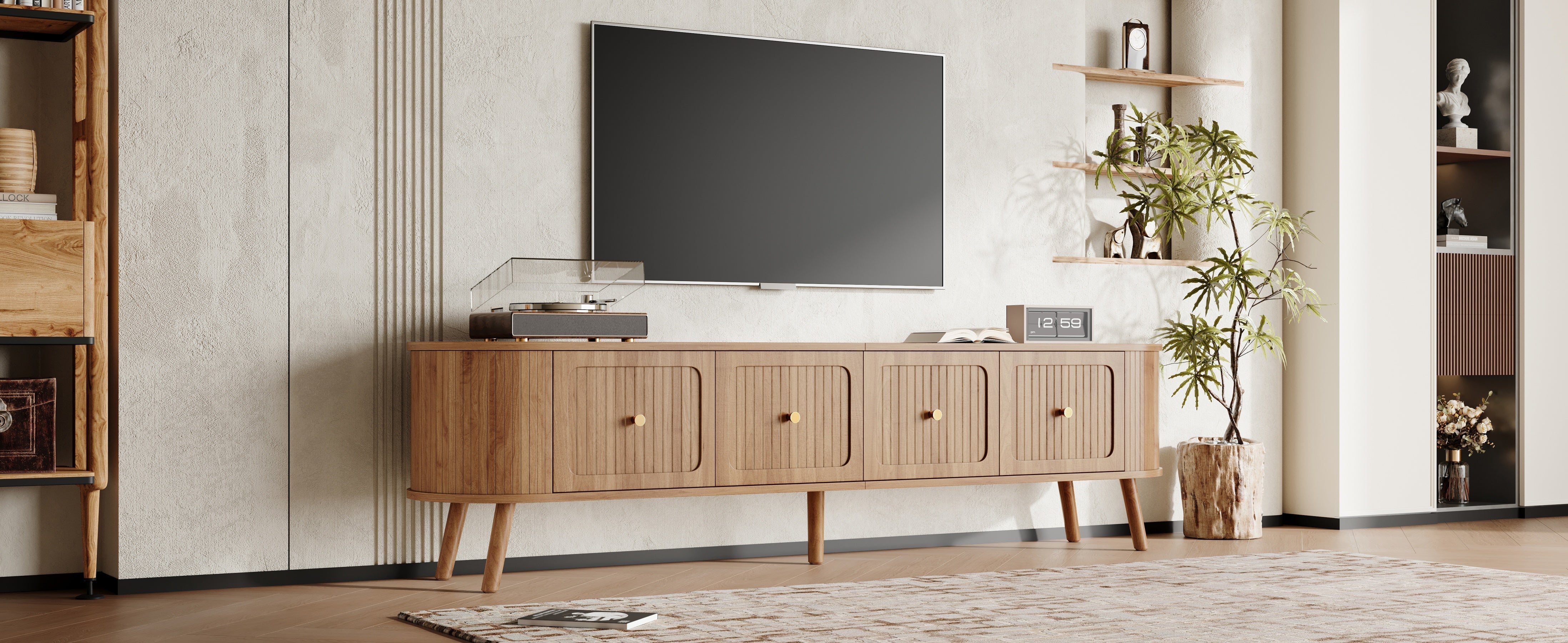 Modern TV Cabinet with 4 Doors and Gold Handles, Oak finish