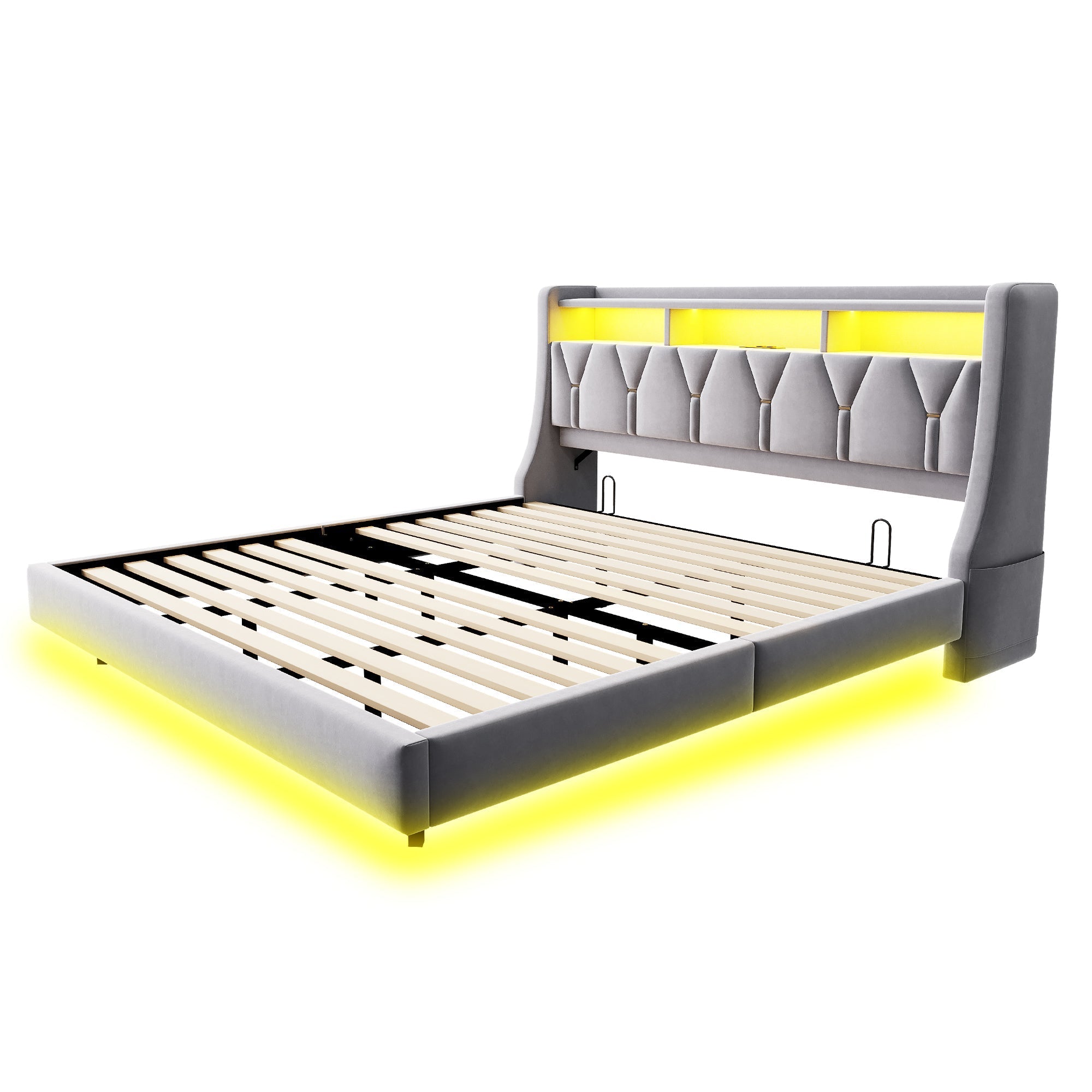 Upholstered Bed 180x200cm Hydraulic Storage Headboard with LED Socket Floating Design Light Grey Velvet