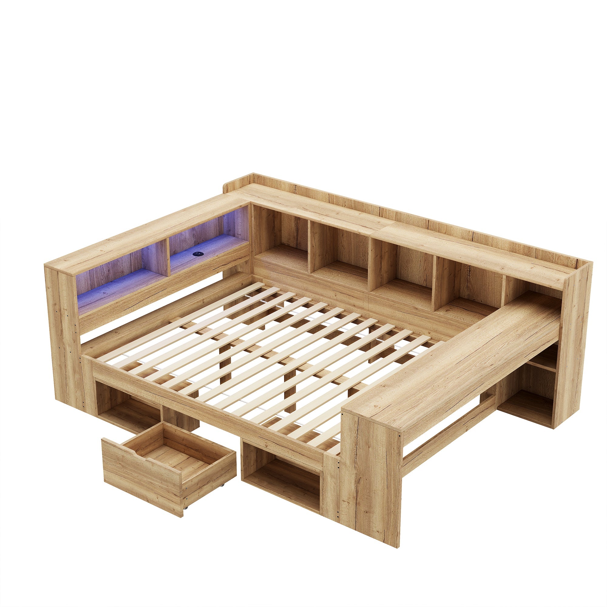 L-shaped Storage Platform Bed with Desk, LED, USB and Drawers, 140x200cm, Natural Wood