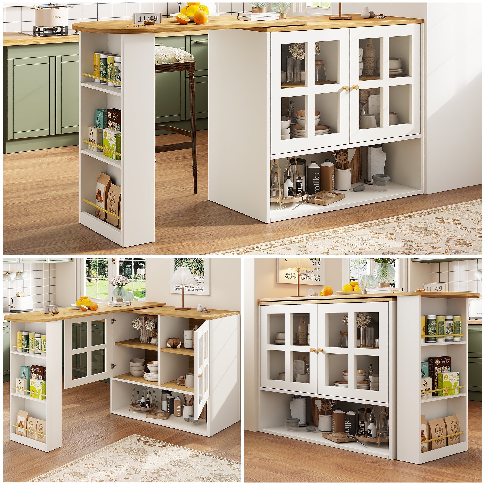 360° Rotating Sideboard - Multifunctional Dining Bar, 5 Shelves & Glass - White