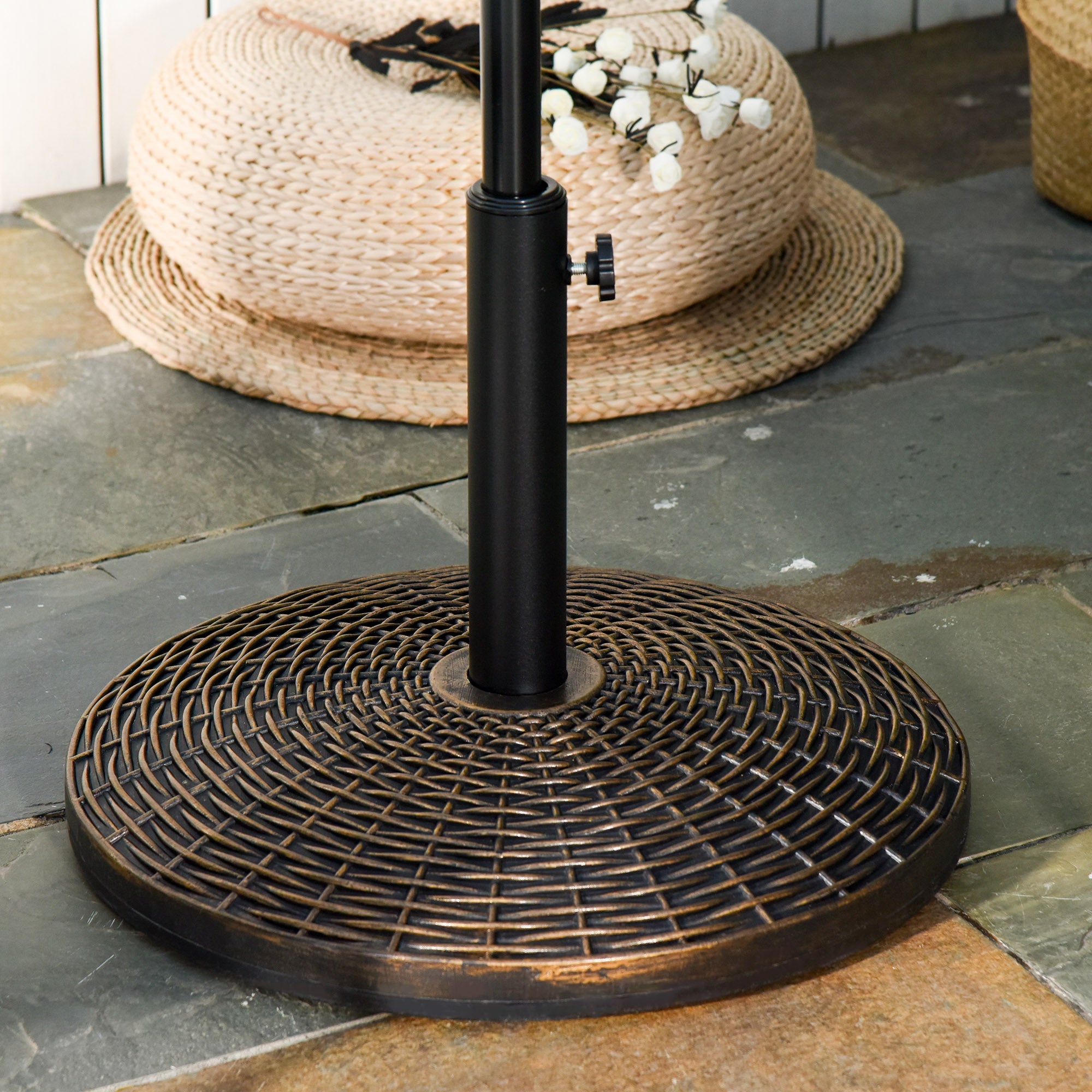 Parasol Stand 25kg Umbrella Holder Rattan Look Basket Antique Bronze