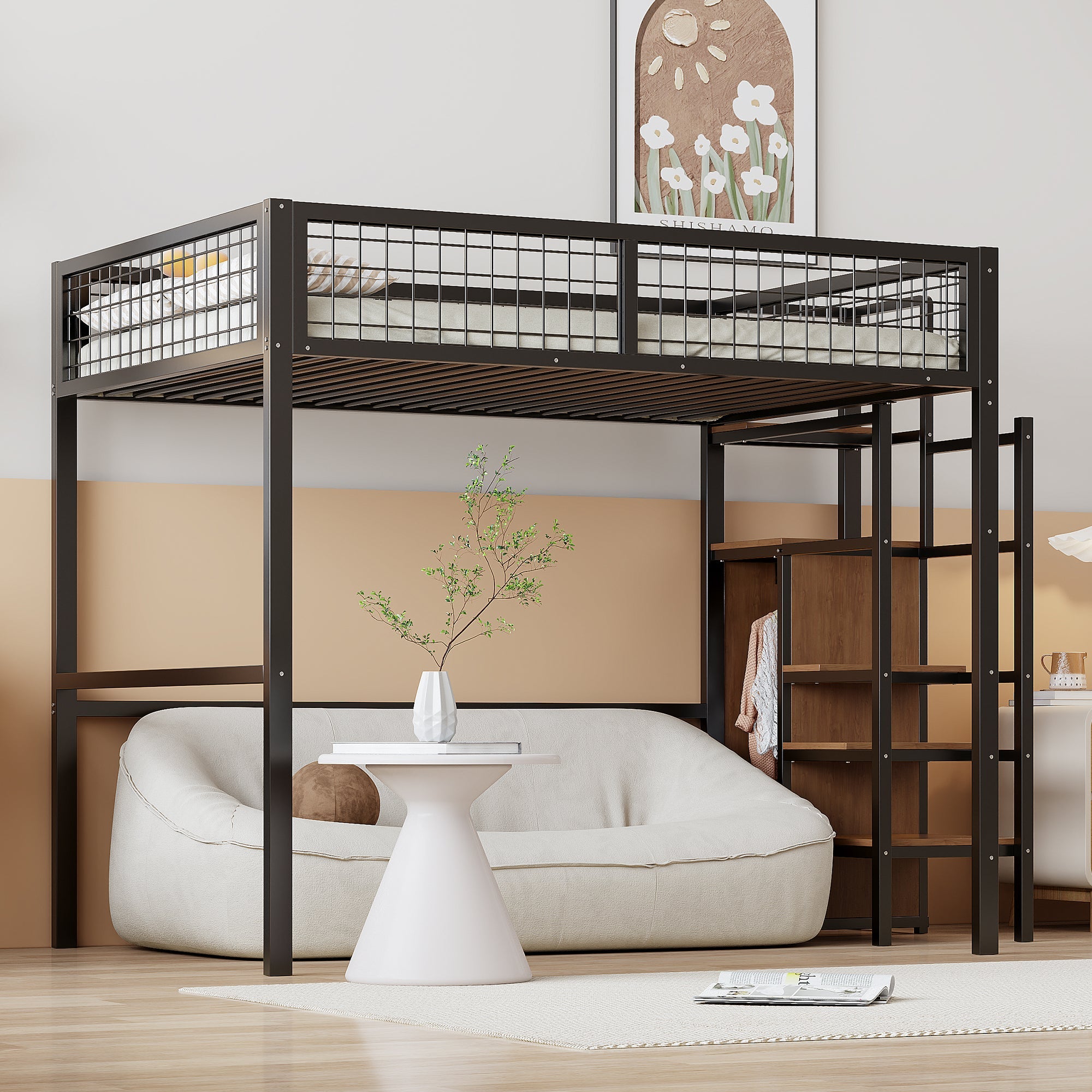 Loft Bed 140*200, Ladder & Storage, Iron Frame, Black