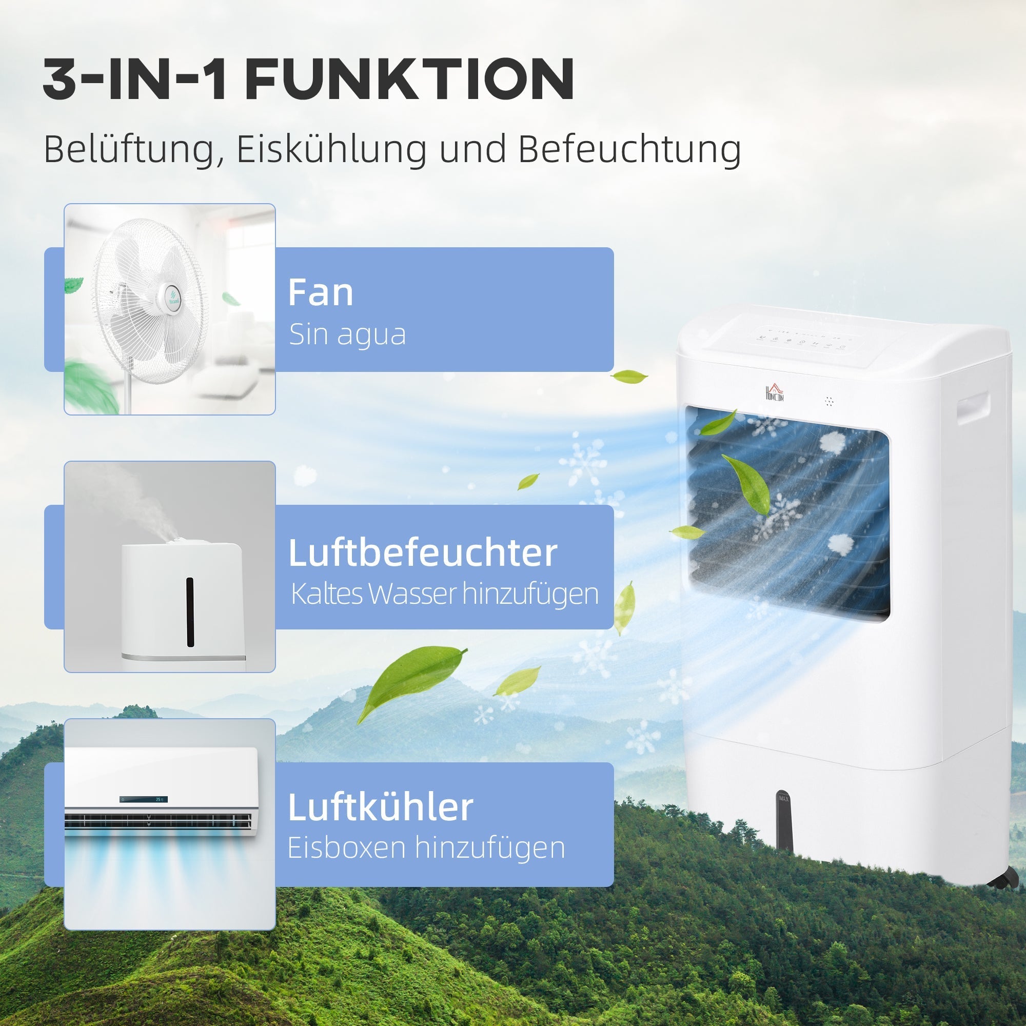 3-in-1 Portable Air Conditioner Humidifier Water Cooling 15L White