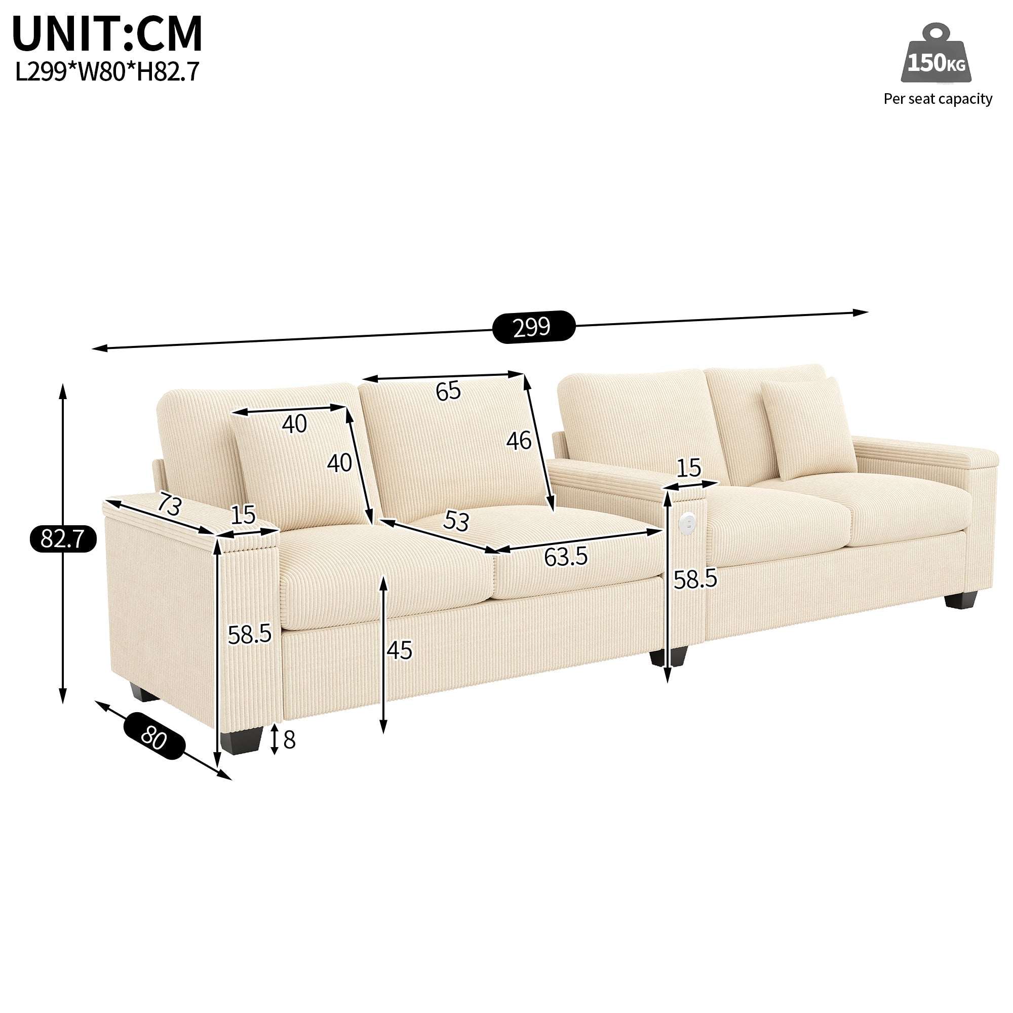 Modern 4-Seater Corduroy Sofa with USB Charging and Storage, Beige