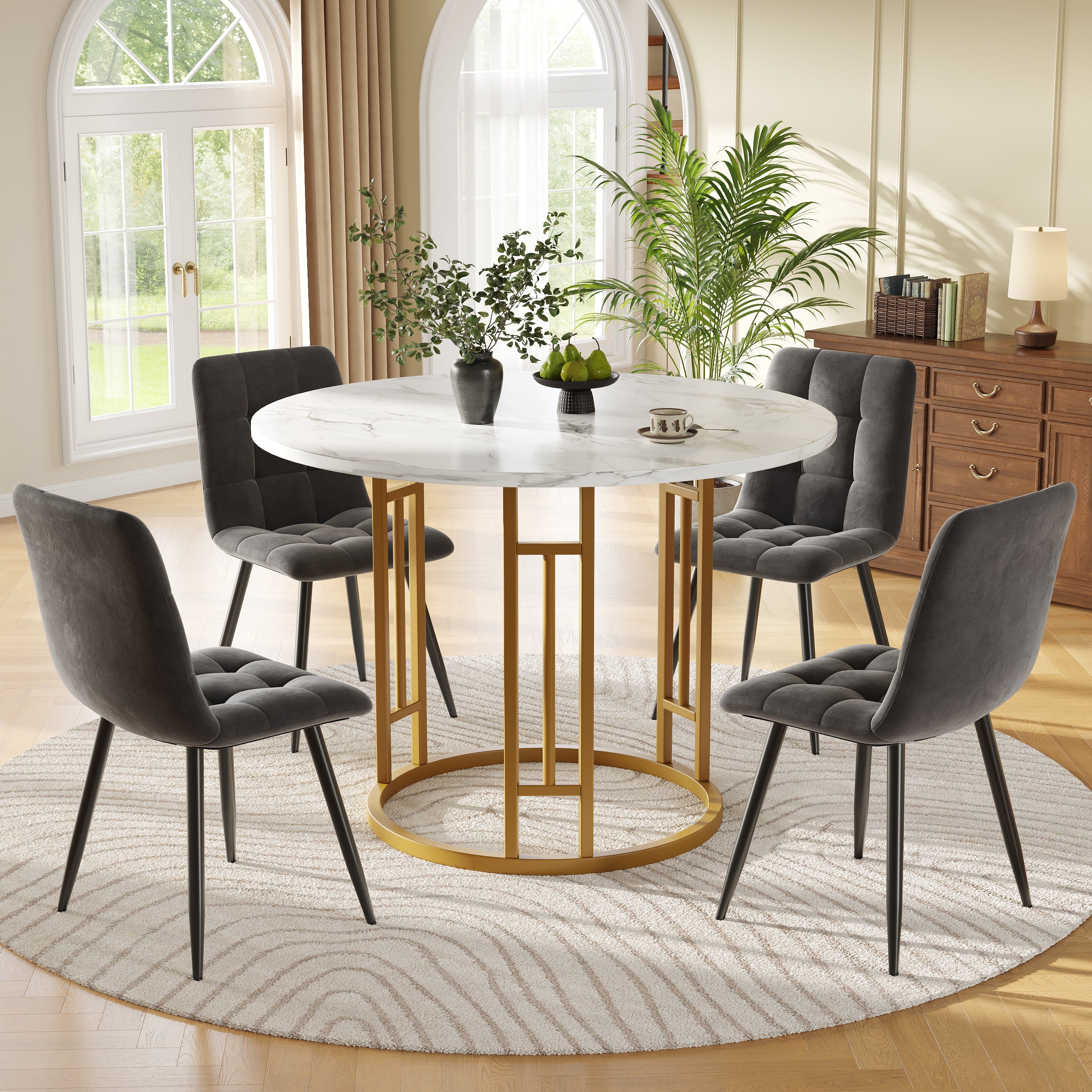 Dining Table Set, 5-Piece Round with 4 Chairs, Gold Metal Legs, Grey MDF Marble