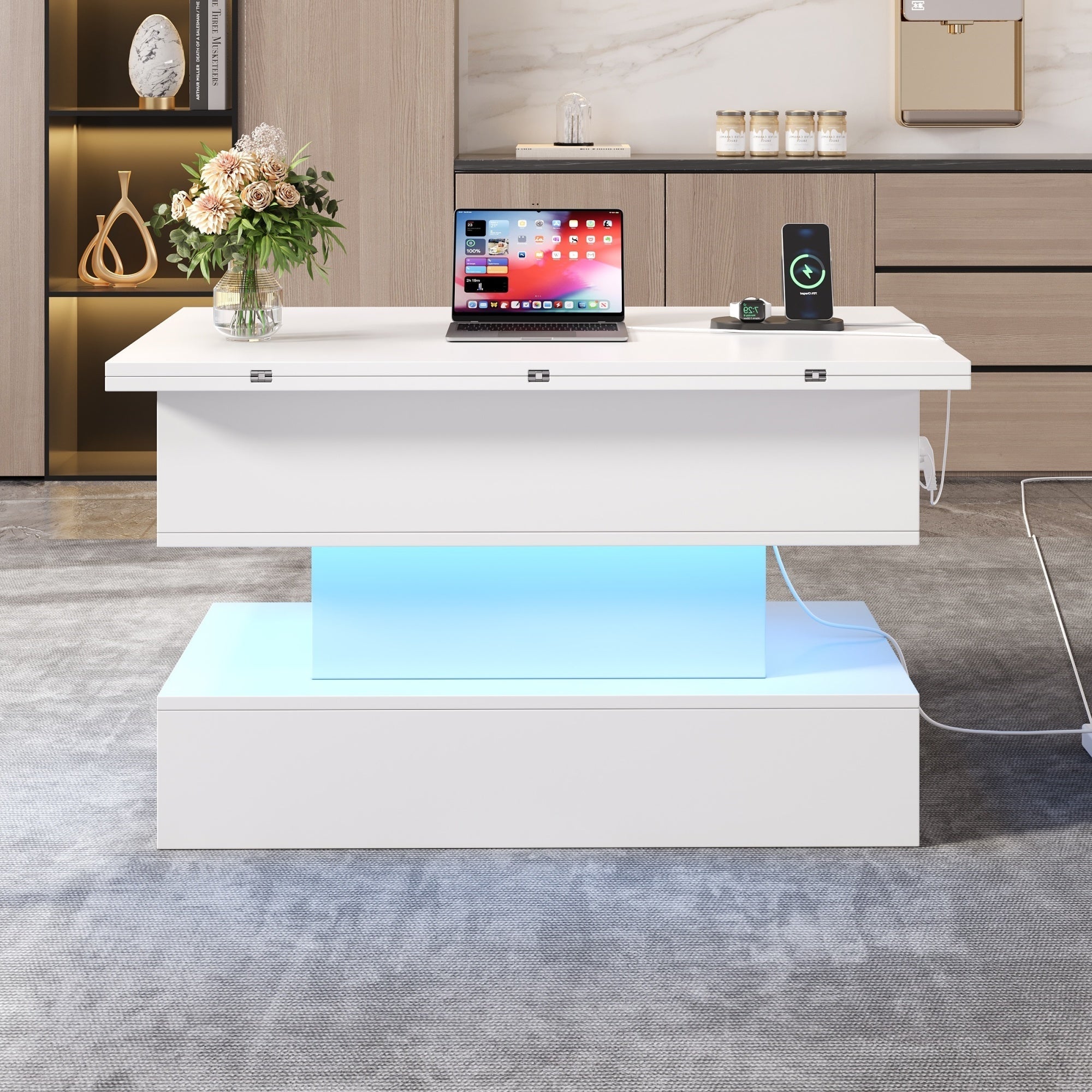 Coffee Table 100x50x51.5cm Lift-Top LED USB Power Outlet Storage, White