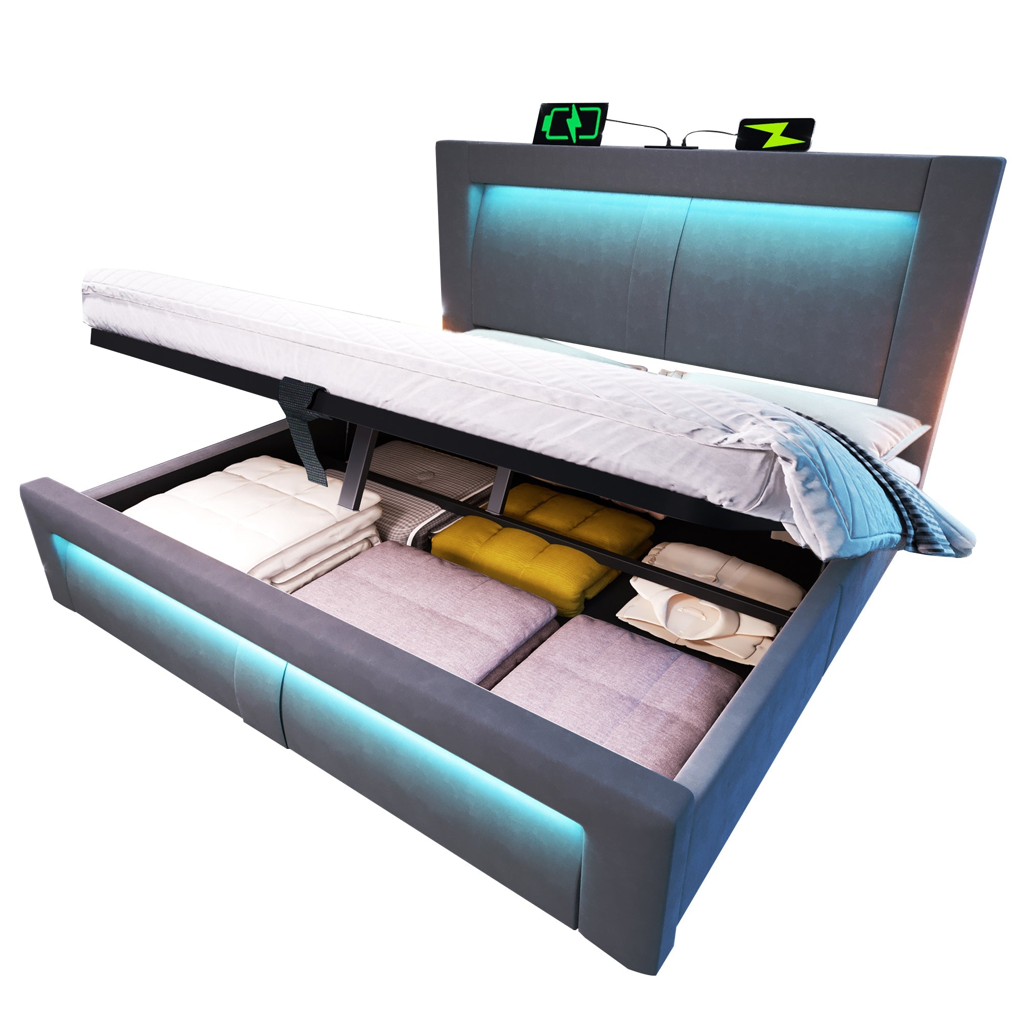 Double Bed with Hydraulic Storage, LED, USB and Type-C Ports, 140x200cm, Grey Velvet