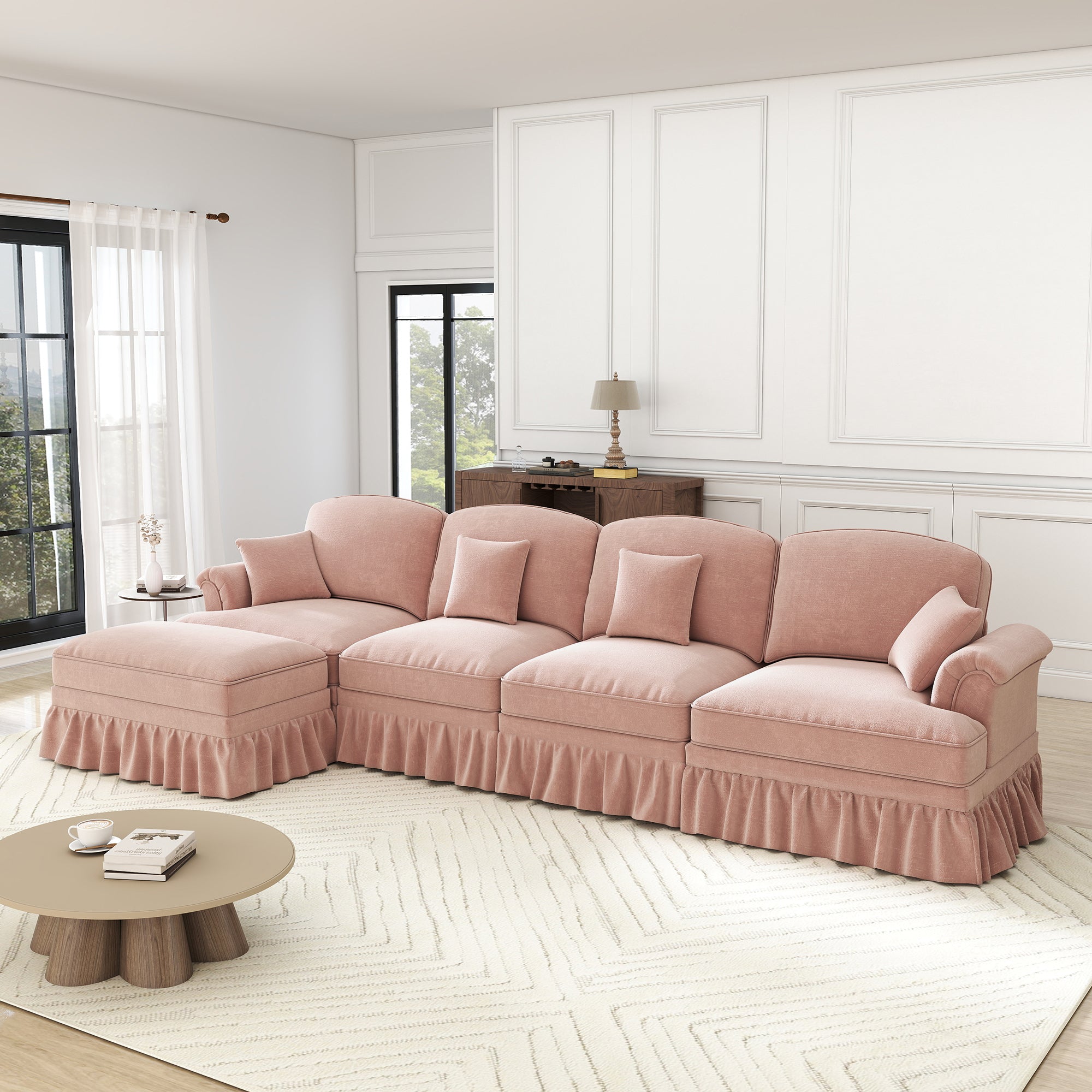 Classic Modular L-Shaped 4-Seater Sofa with Movable Ottoman Chenille Pink