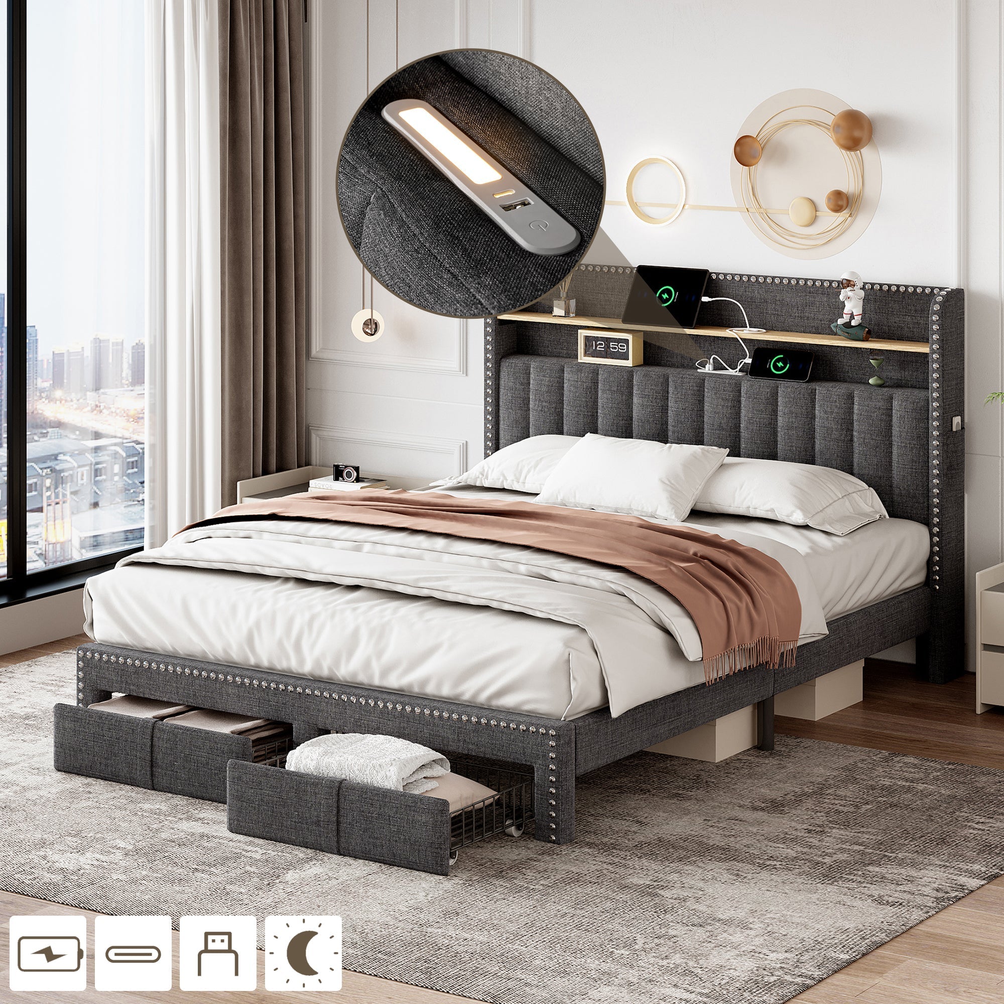 4ft6 Double Upholstered Bed with 2 Storage Drawers, Riveted, Charging & Lighting, Linen Platform, Grey