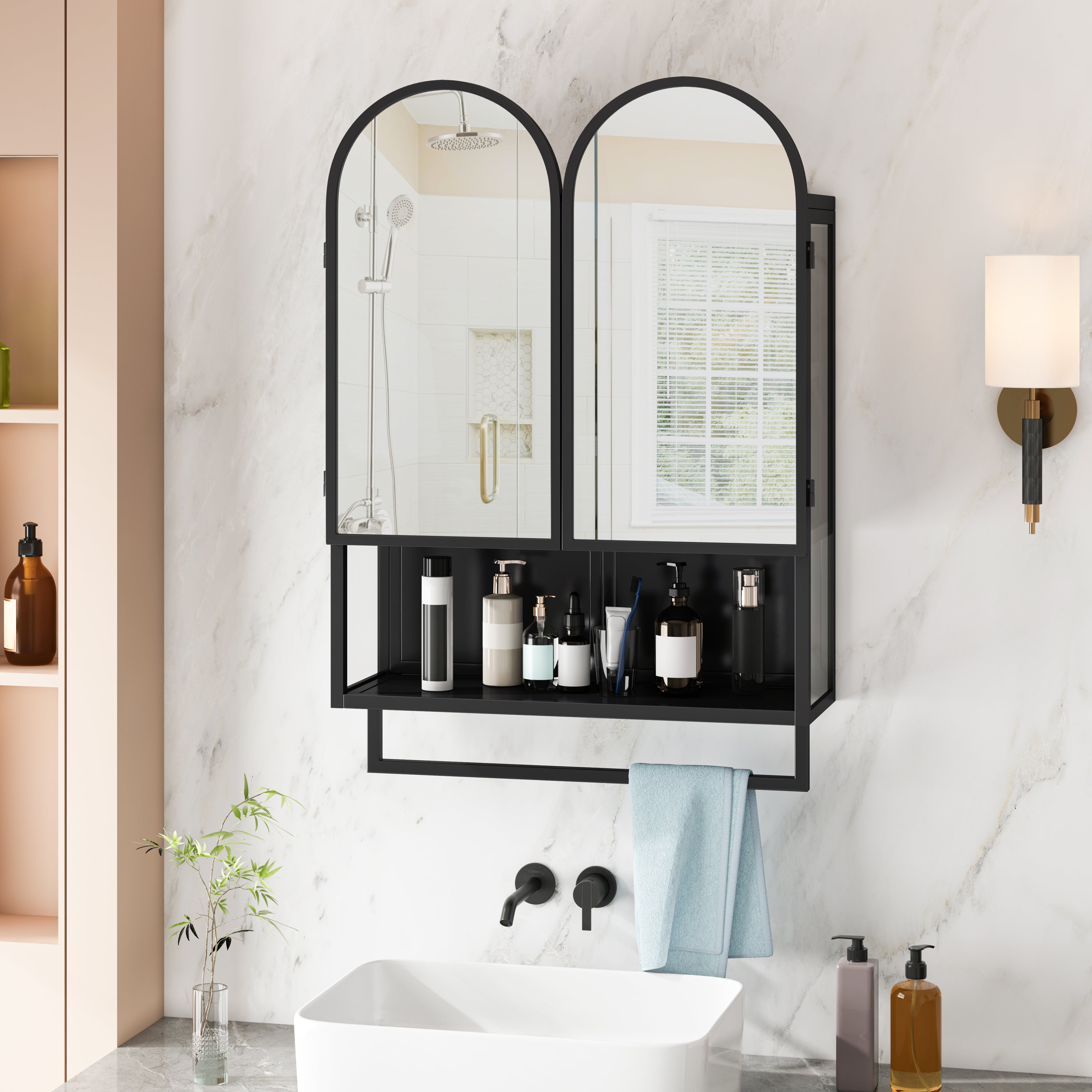 Mirror Cabinet 60CM Double-Arched 2 Doors Open Shelf Metal Black