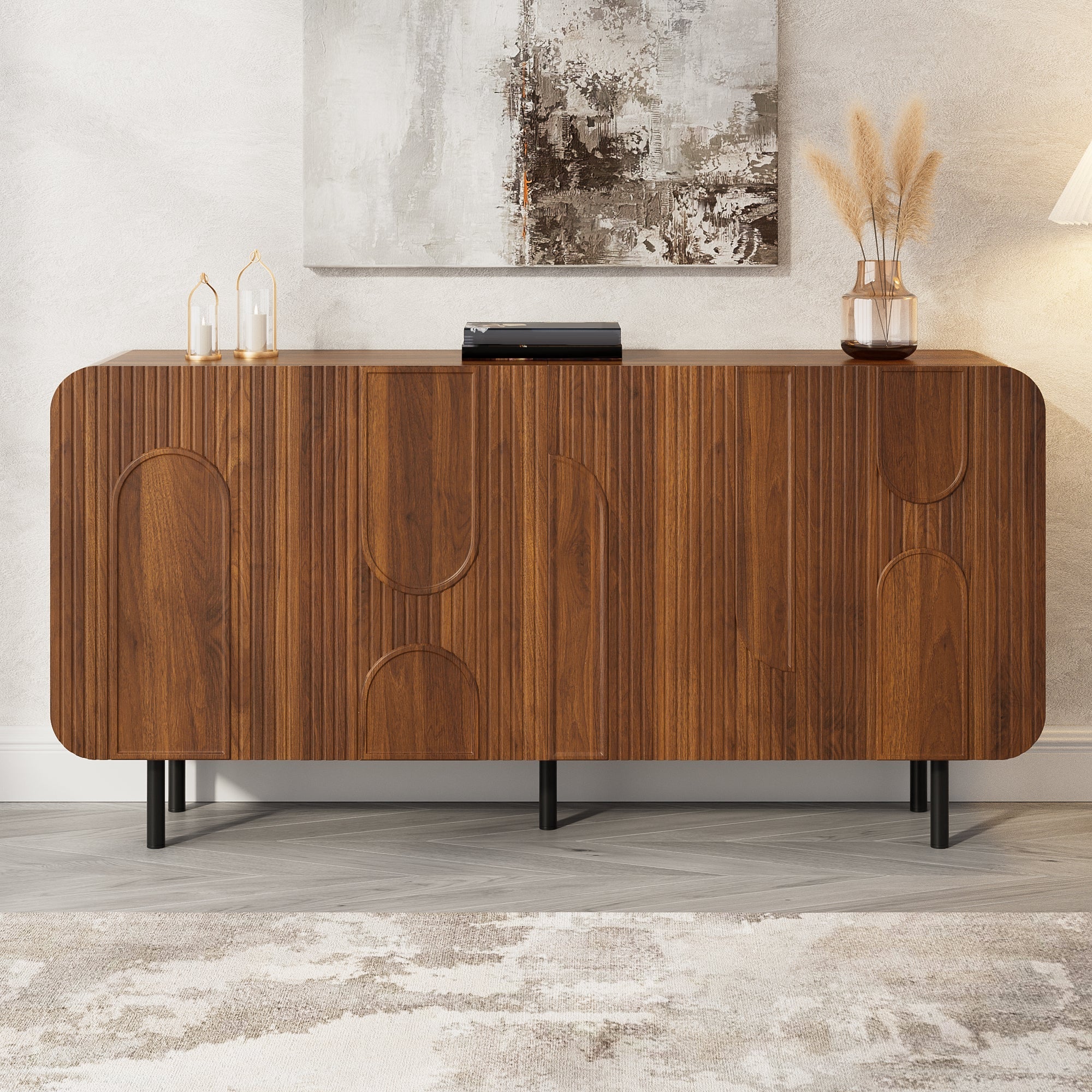 Mid-Century Sideboard with 4 Doors and 8 Compartments, Walnut Finish Wood and Metal