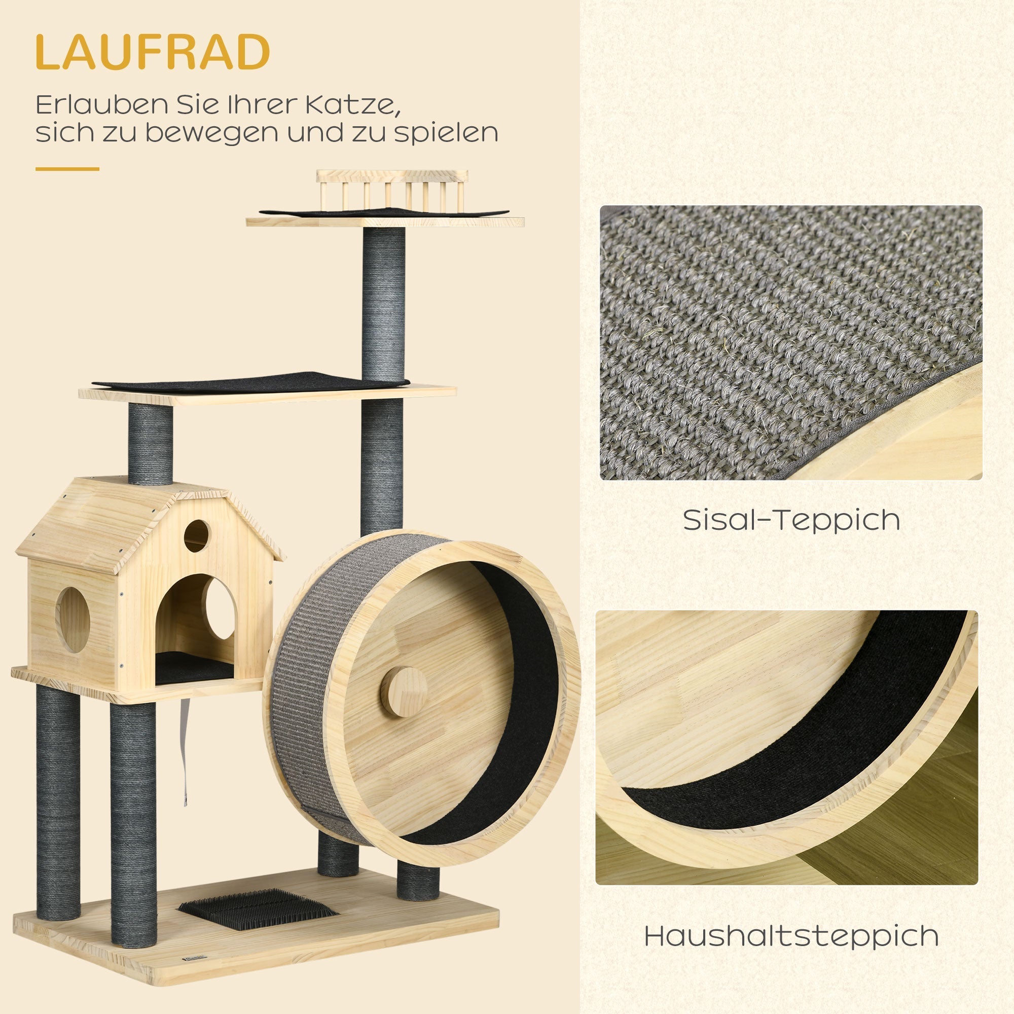 Cat Tree with Exercise Wheel 4 Levels Sisal Posts, Pine Wood