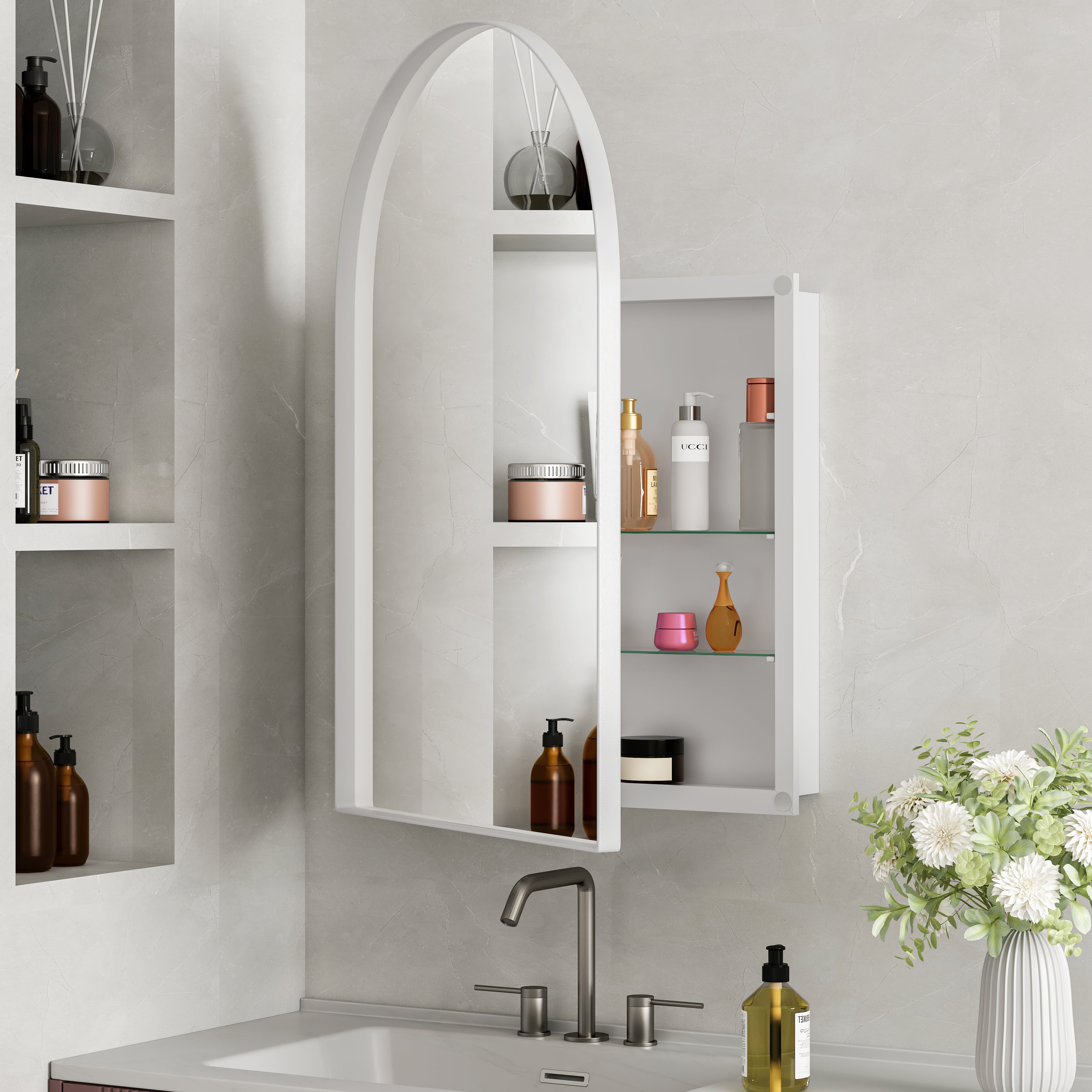 Arched Mirror Cabinet, Recessed/Wall Mount, Adjustable Shelves, White
