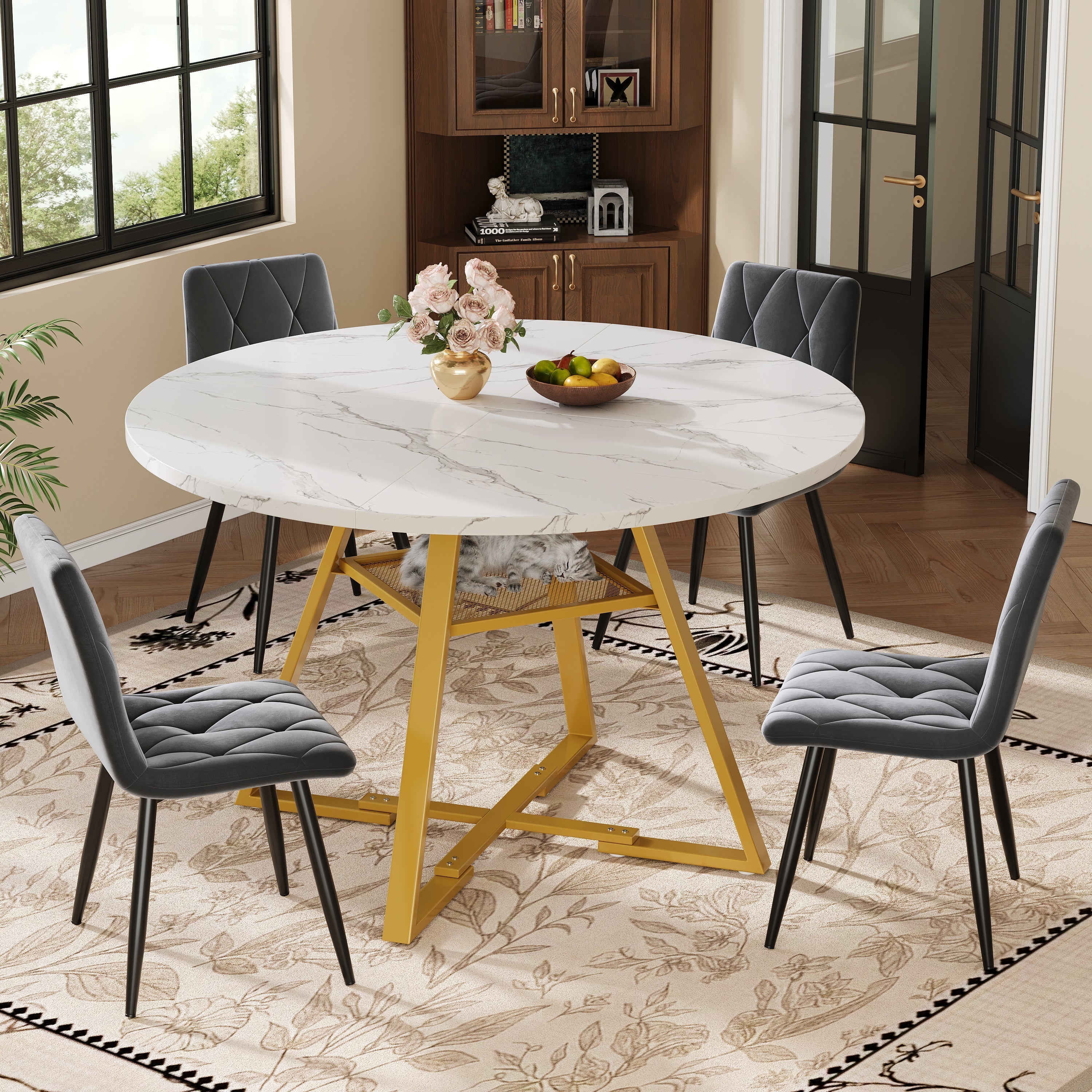 5-Piece Round Dining Table Set with 4 Chairs and Marble Pattern, Velvet Grey