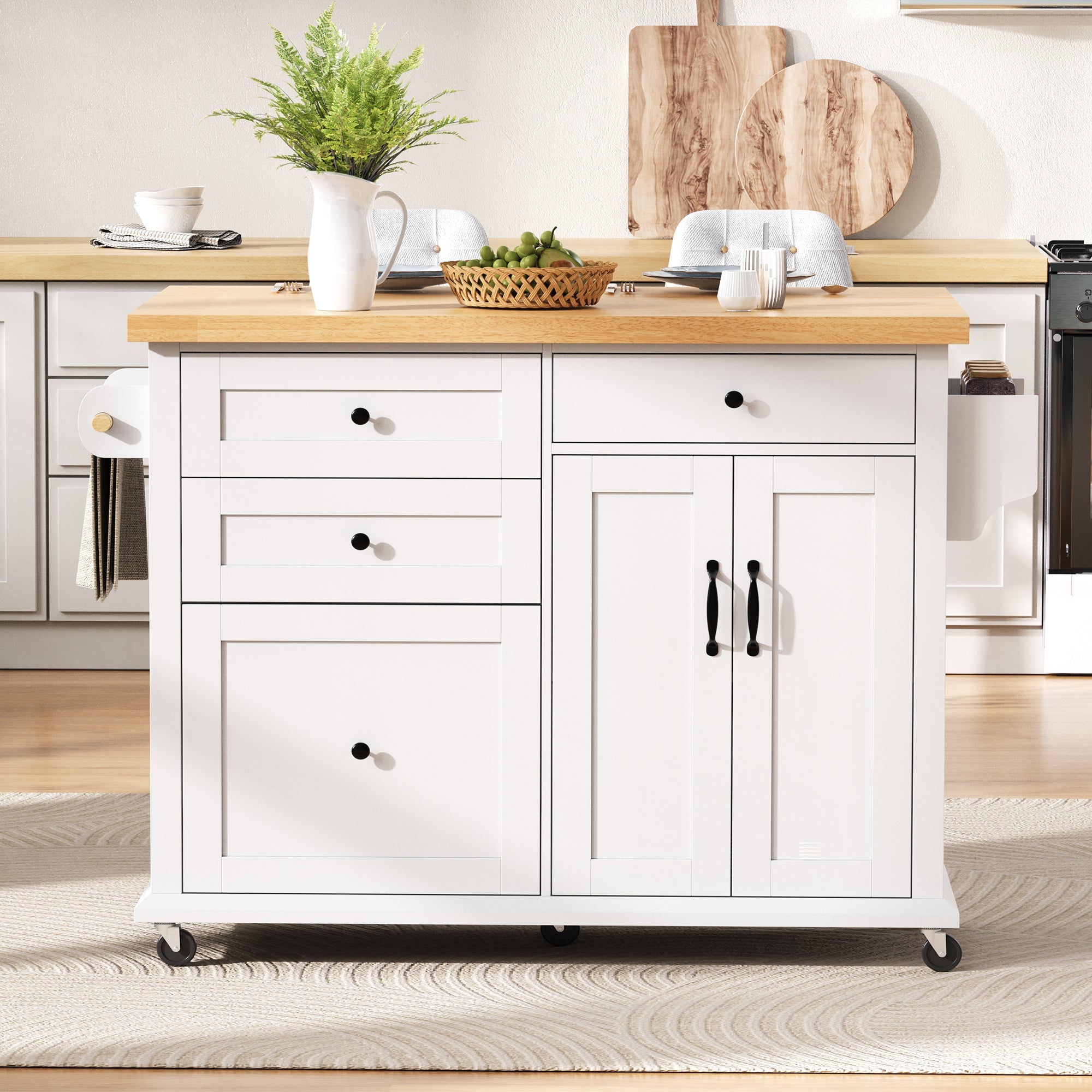 Mobile Kitchen Island, Extendable Dining Table Multifunctional Drawers, White
