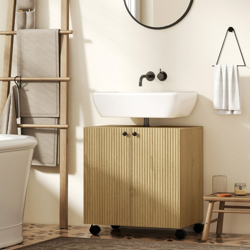 Bathroom Vanity Unit with 3-Tier Shelf and Wheels, Wood