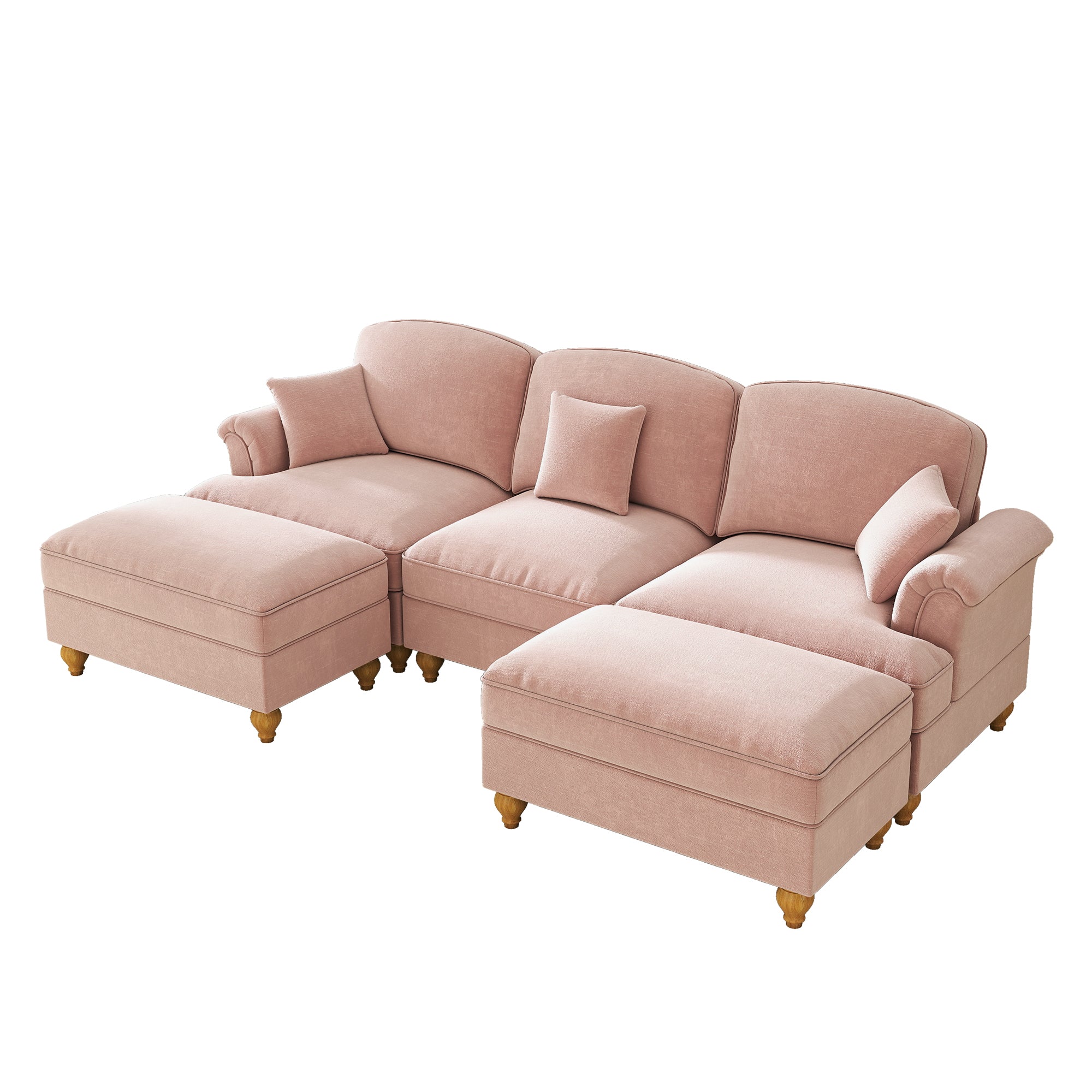 Modular U-Shaped Chenille Sofa, Movable Ottoman, Ruffled Apron - Pink